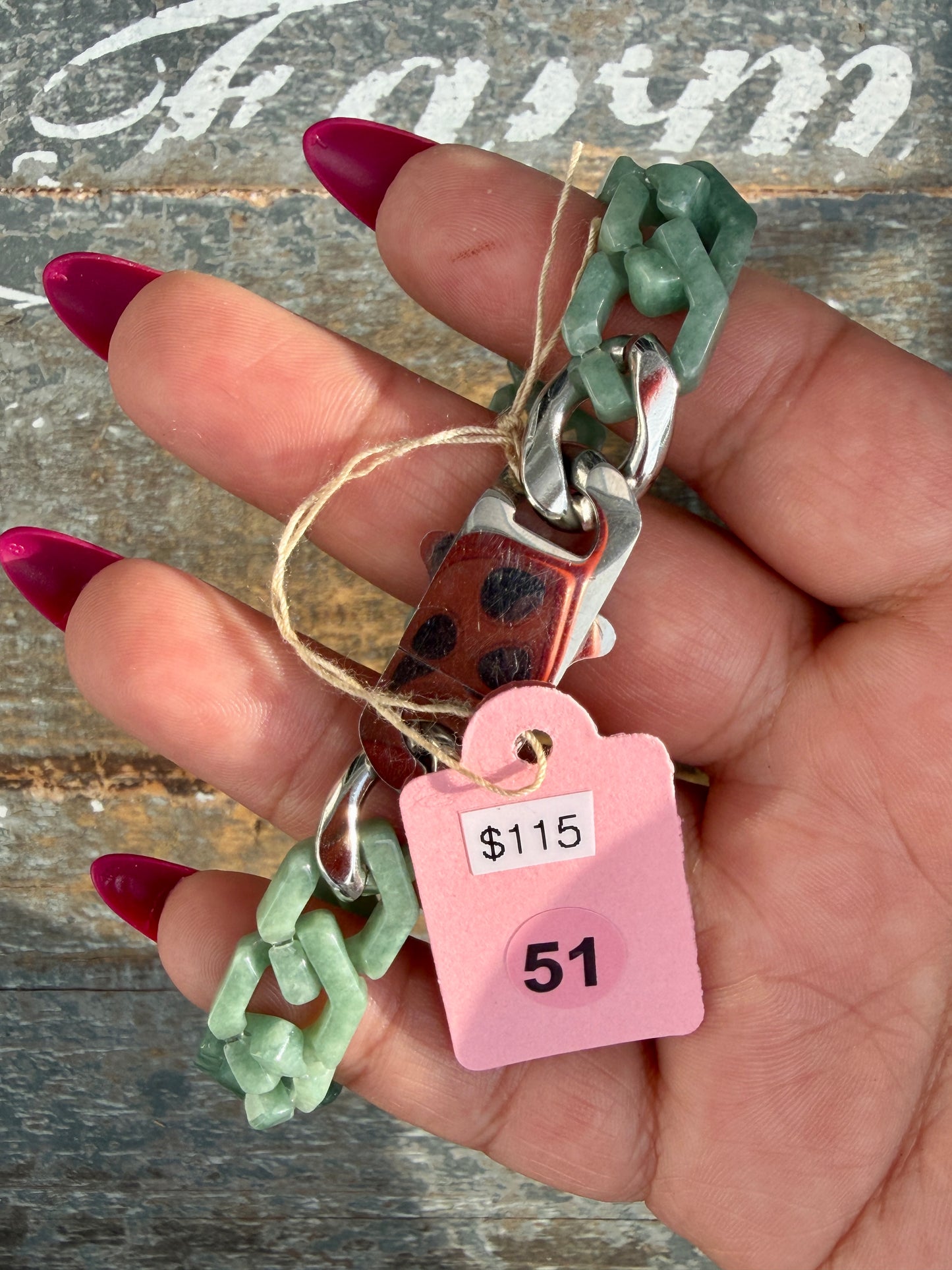 Gorgeous Hand-Carved Green Jade Chain Bracelet | 8" from Clasp to Clasp | Opt 51