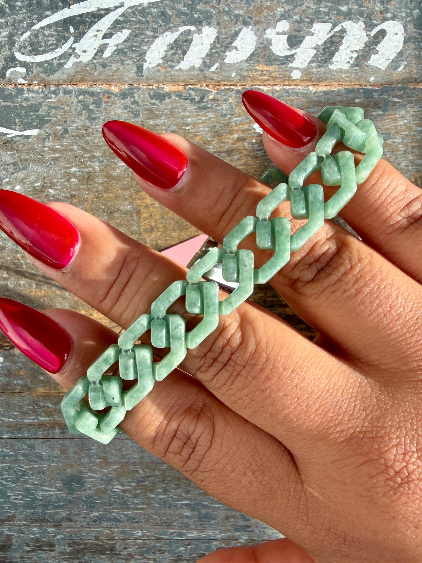 Gorgeous Hand-Carved Green Jade Chain Bracelet | 8" from Clasp to Clasp | Opt 51