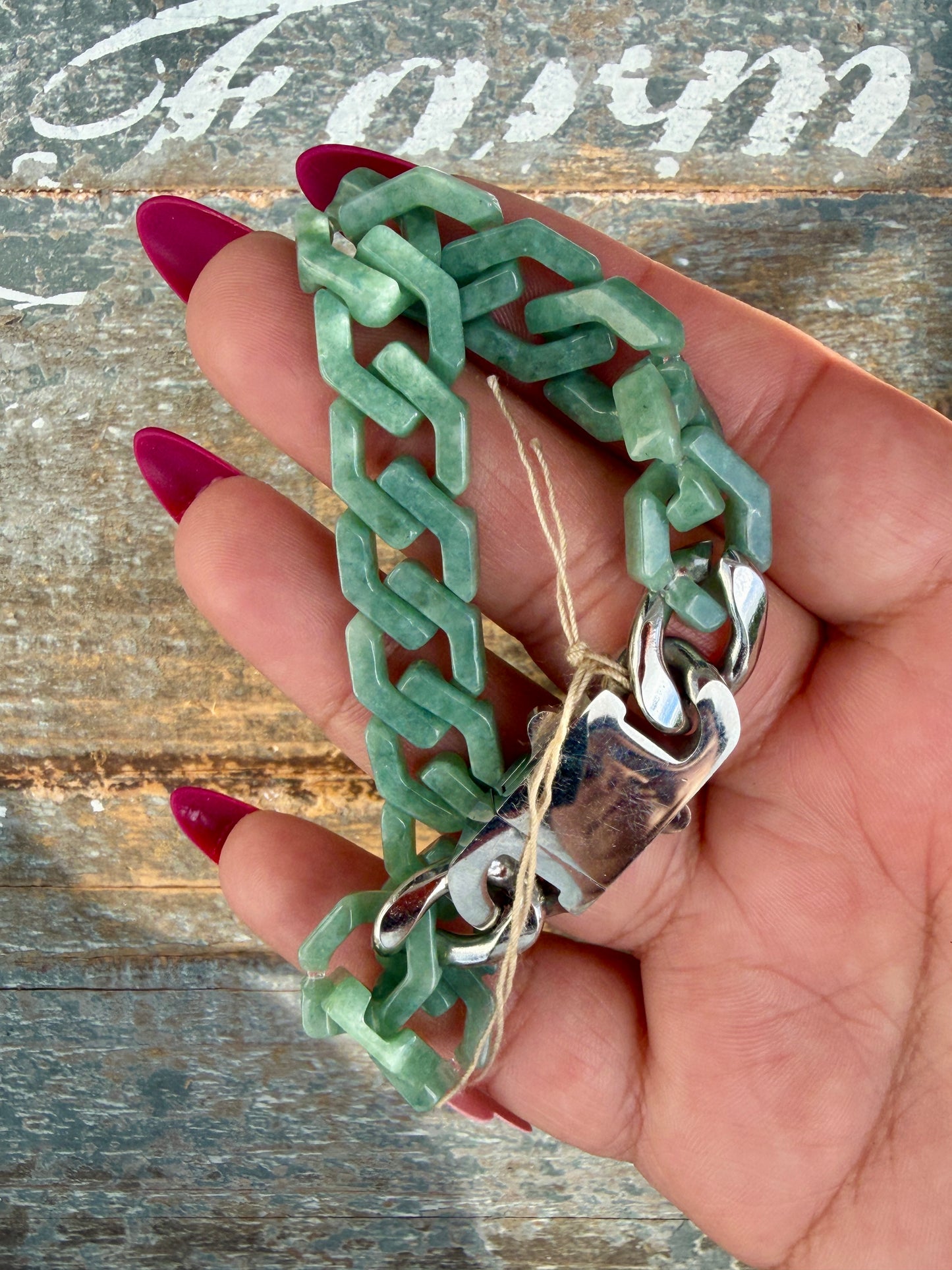 Gorgeous Hand-Carved Green Jade Chain Bracelet | 8" from Clasp to Clasp | Opt 51