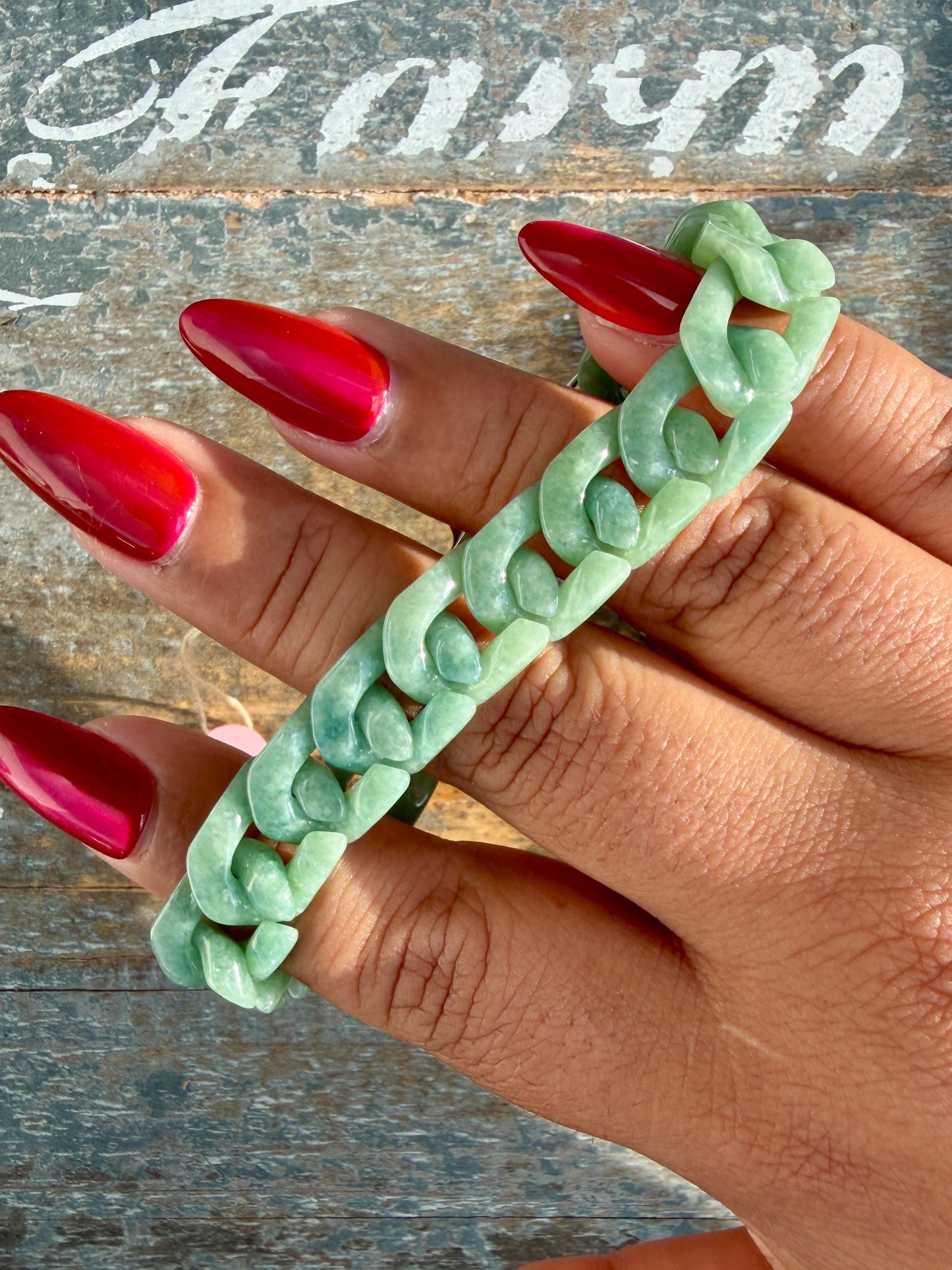 Gorgeous Hand-Carved Green Jade Chain Bracelet | 8" from Clasp to Clasp | Opt 53