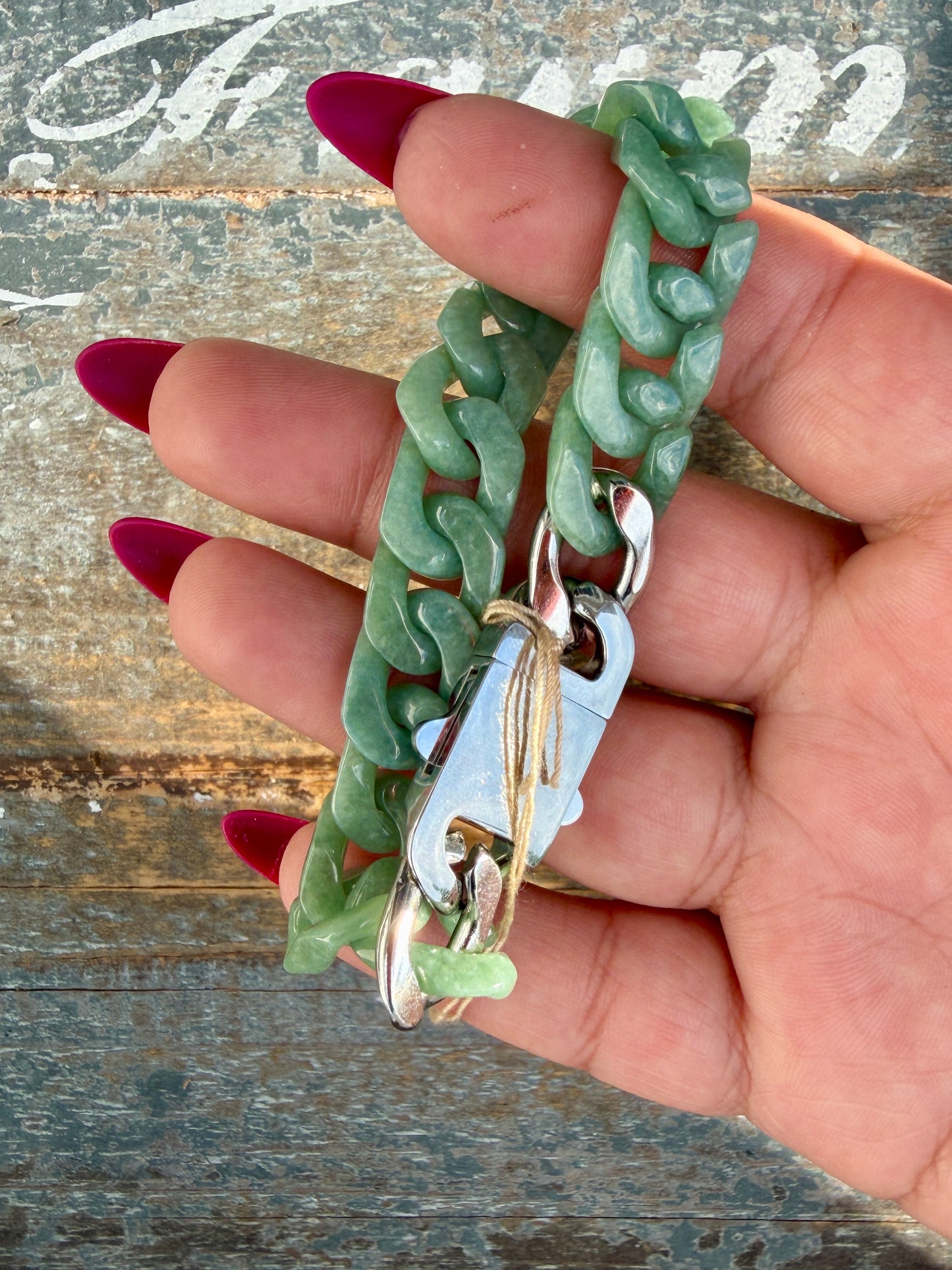 Gorgeous Hand-Carved Green Jade Chain Bracelet | 8" from Clasp to Clasp | Opt 53