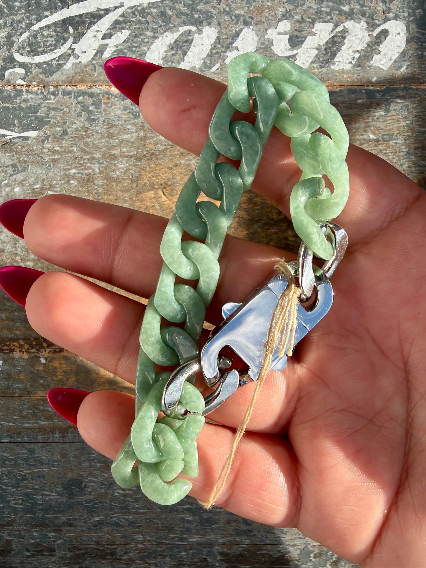 Gorgeous Hand-Carved Green Jade Chain Bracelet | 8" from Clasp to Clasp | Opt 53
