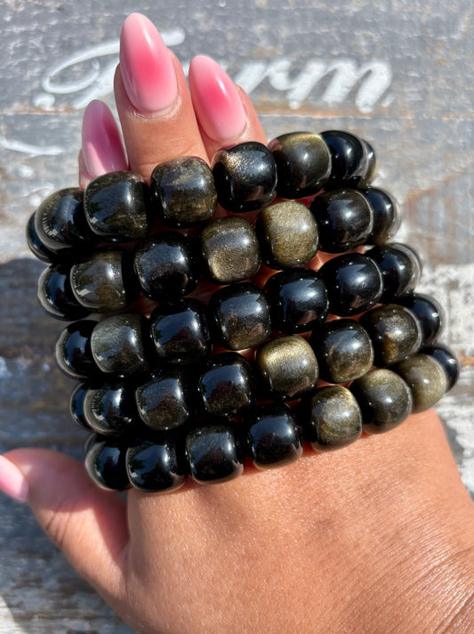 One (1) Gold Sheen Obsidian Bracelet | Wrist Size 7" | 14mm
