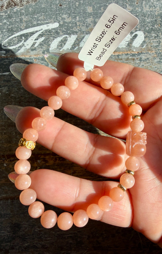 Gorgeous Rose Gold Moonstone with Pixiu | 6mm | Wrist: 6.25" | A