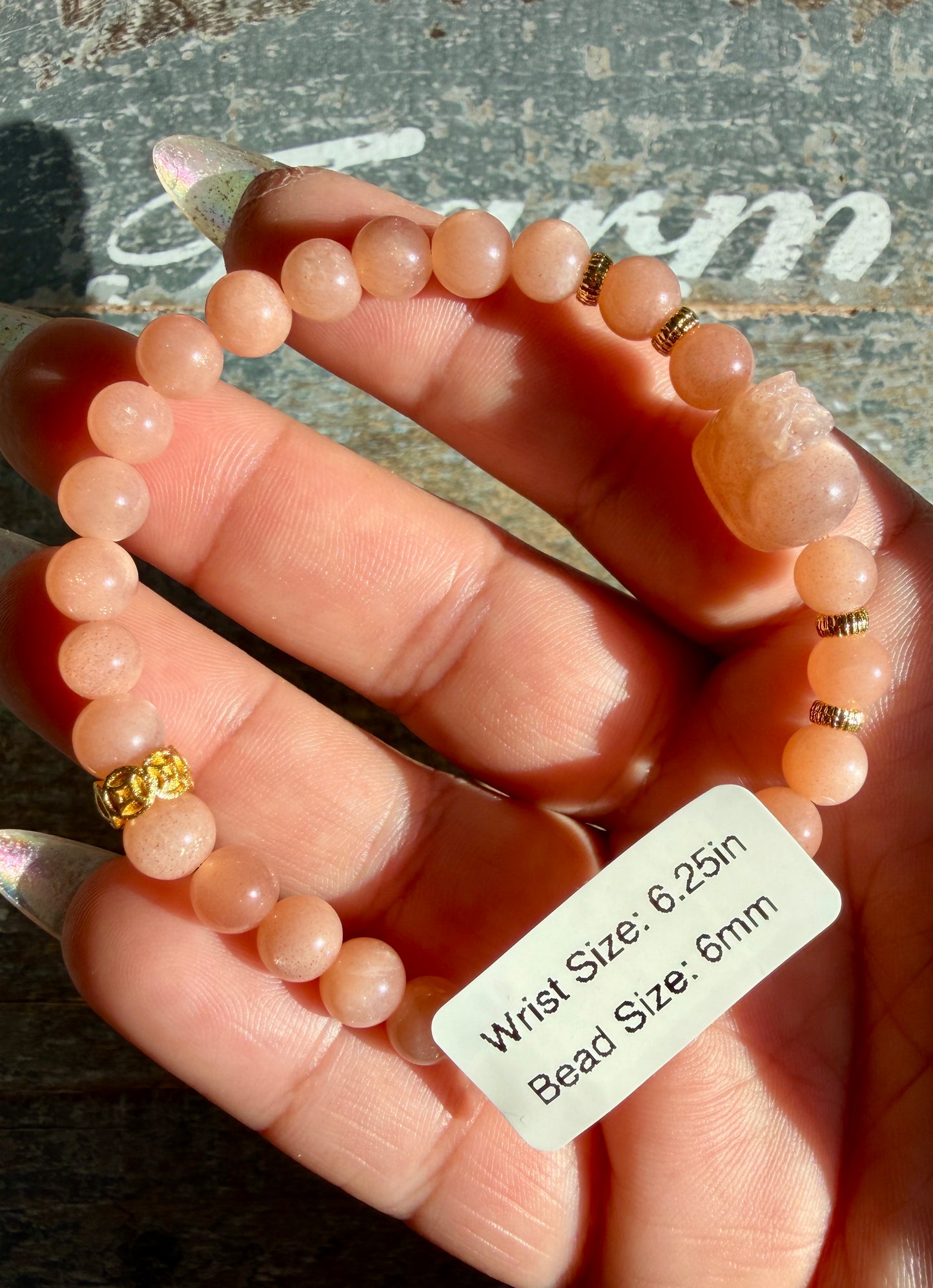 Gorgeous Rose Gold Moonstone with Pixiu | 6mm | Wrist: 6.25" | B