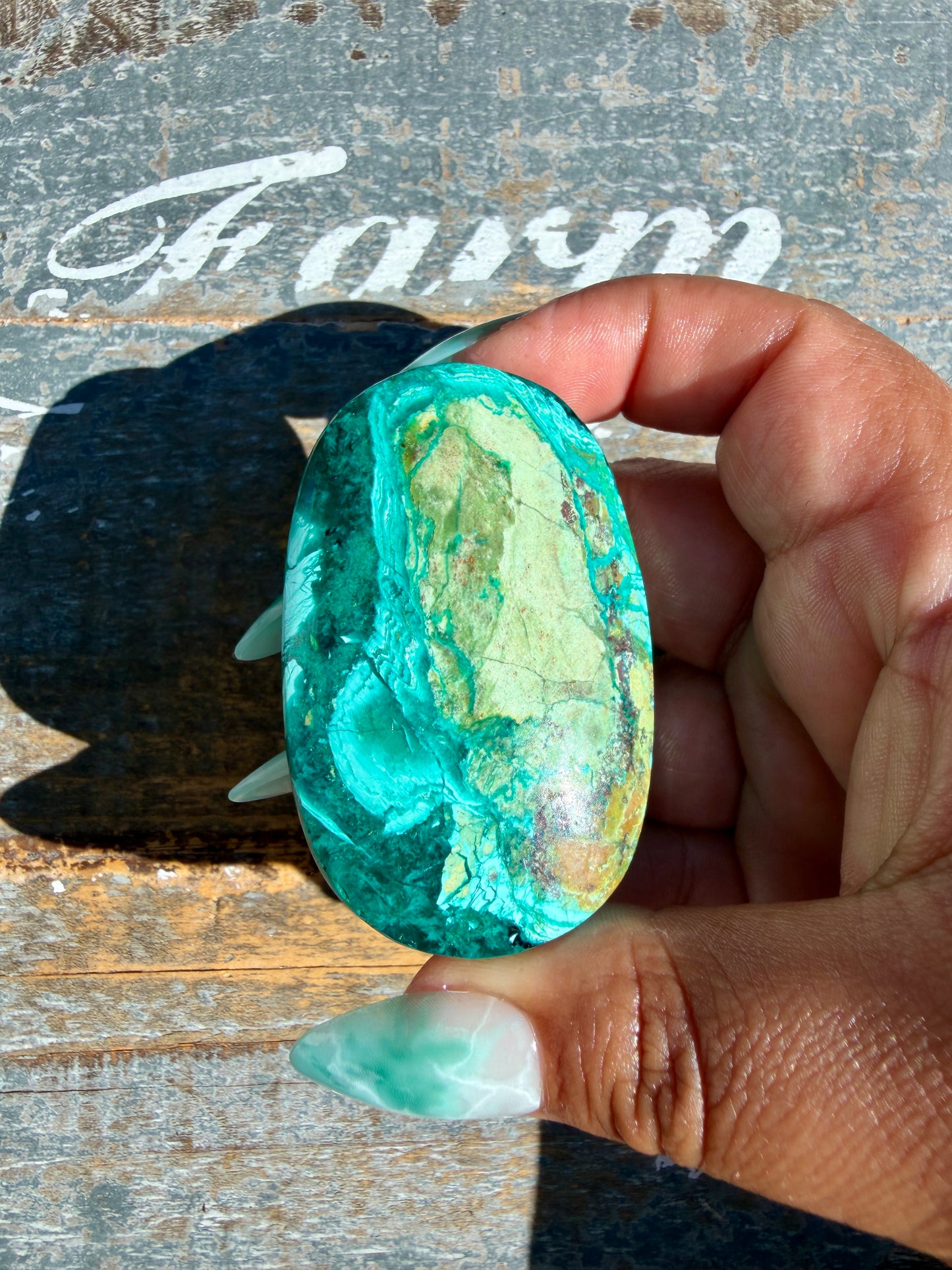 Gorgeous Chrysocolla/Azurite Palm Stone from Peru | Opt P