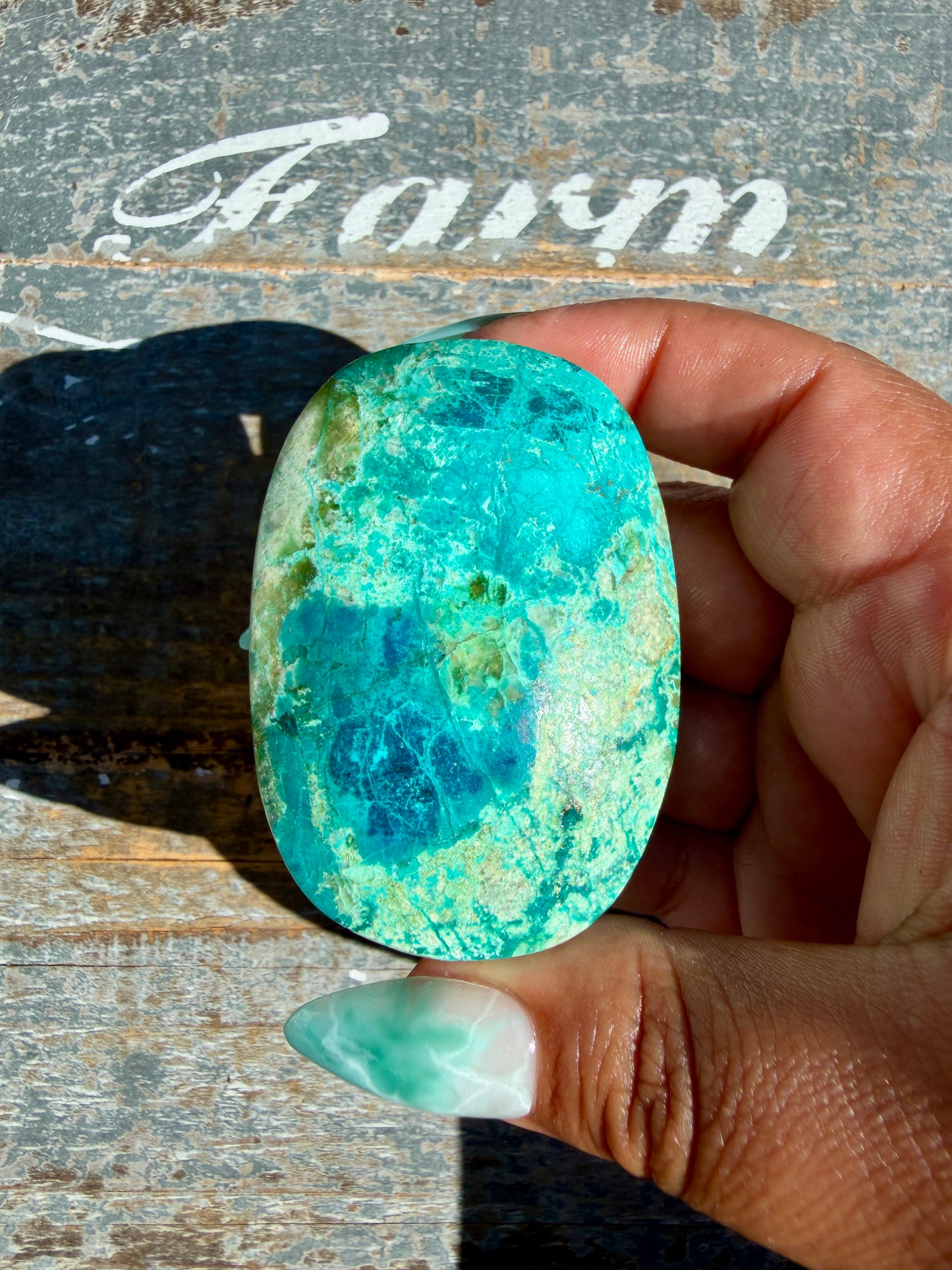 Gorgeous Chrysocolla/Azurite Palm Stone from Peru | Opt M