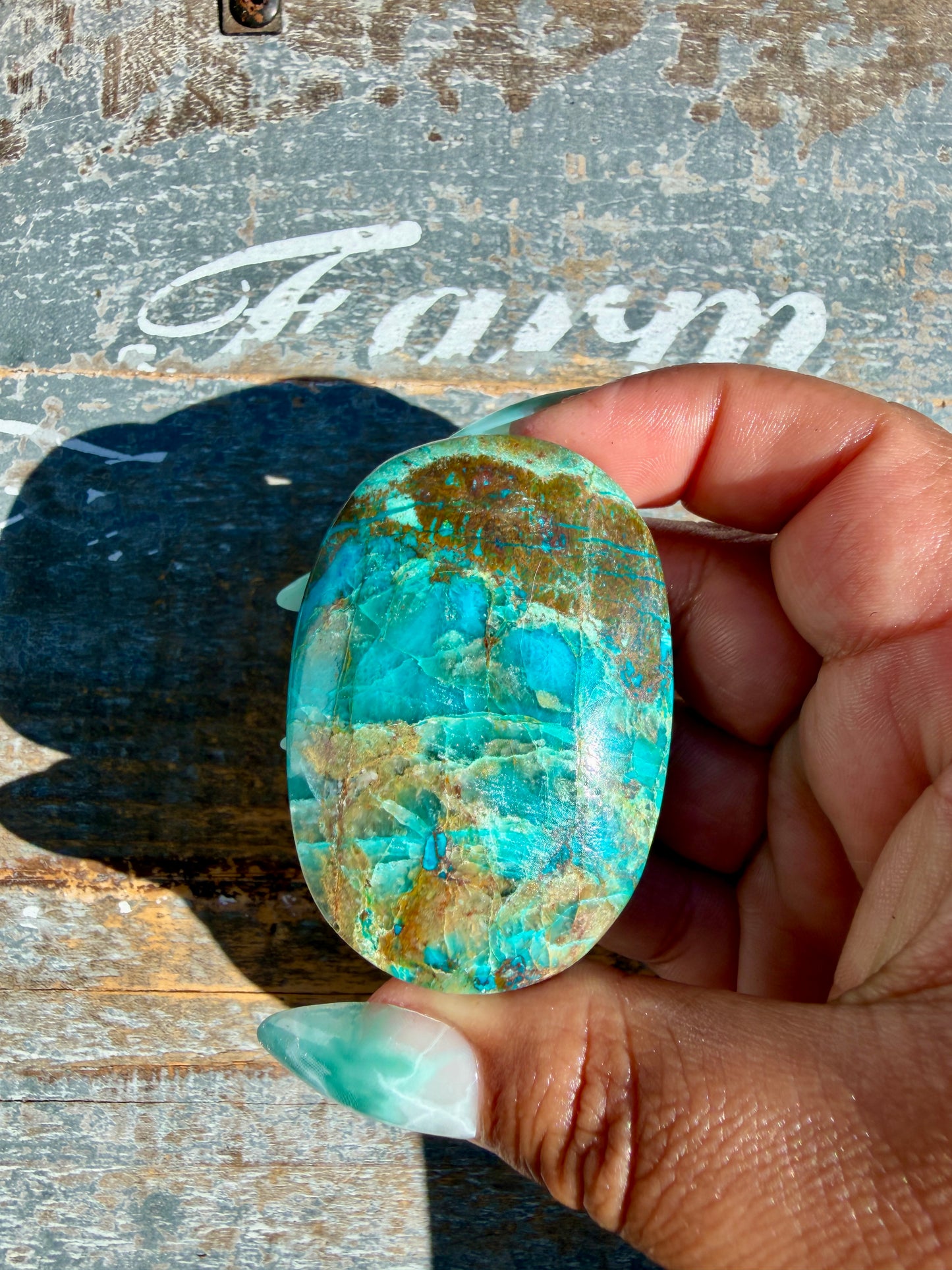 Gorgeous Chrysocolla/Azurite Palm Stone from Peru | Opt X
