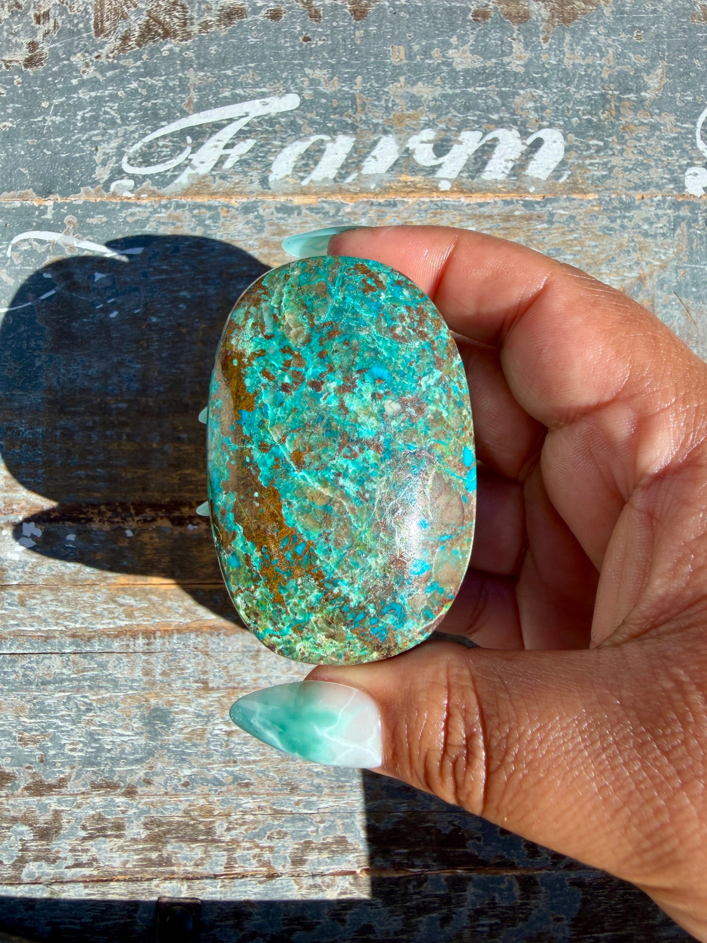 Gorgeous Chrysocolla/Azurite Palm Stone from Peru | Opt W