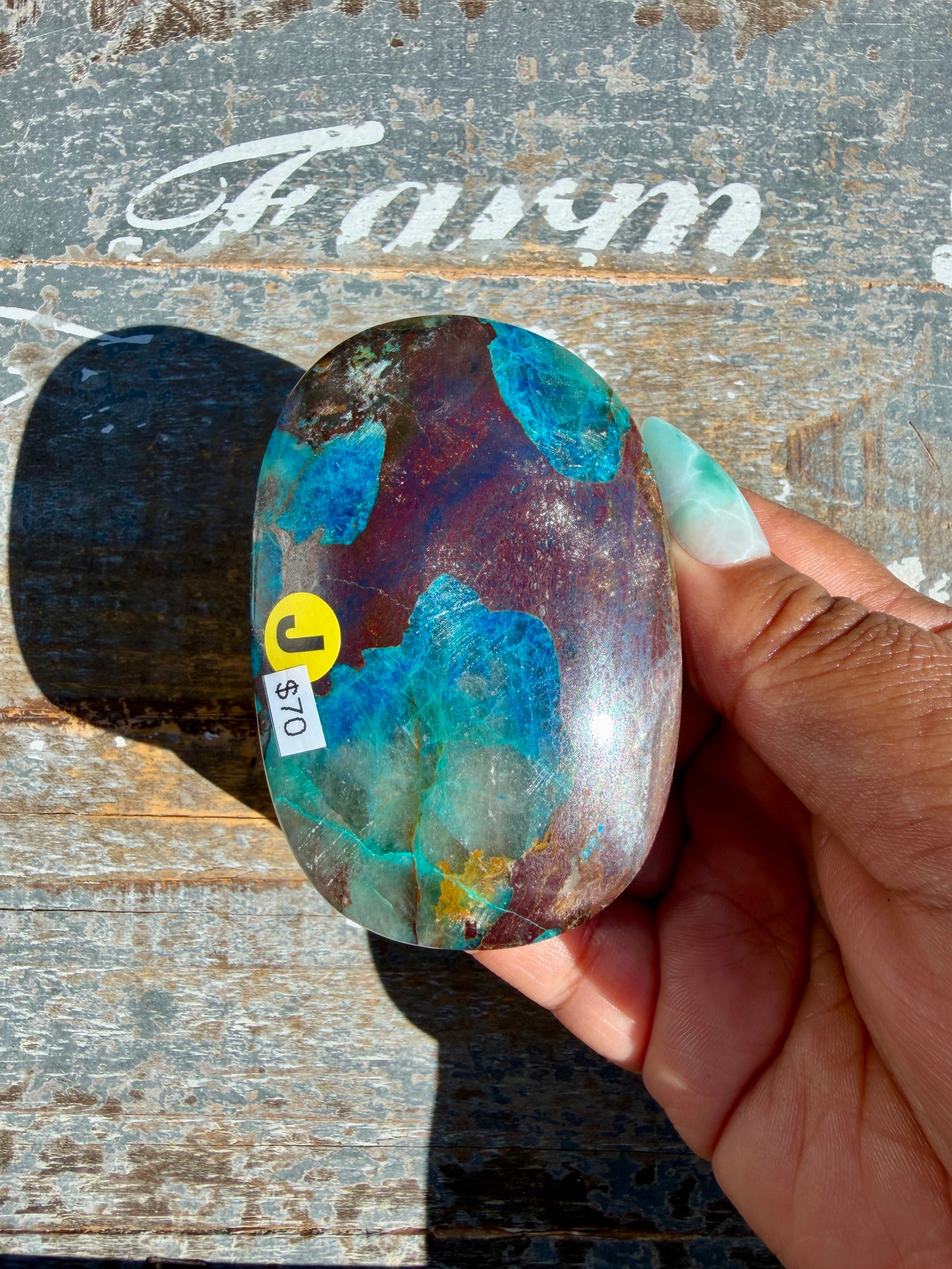 Gorgeous Chrysocolla/Azurite Palm Stone from Peru | Opt J