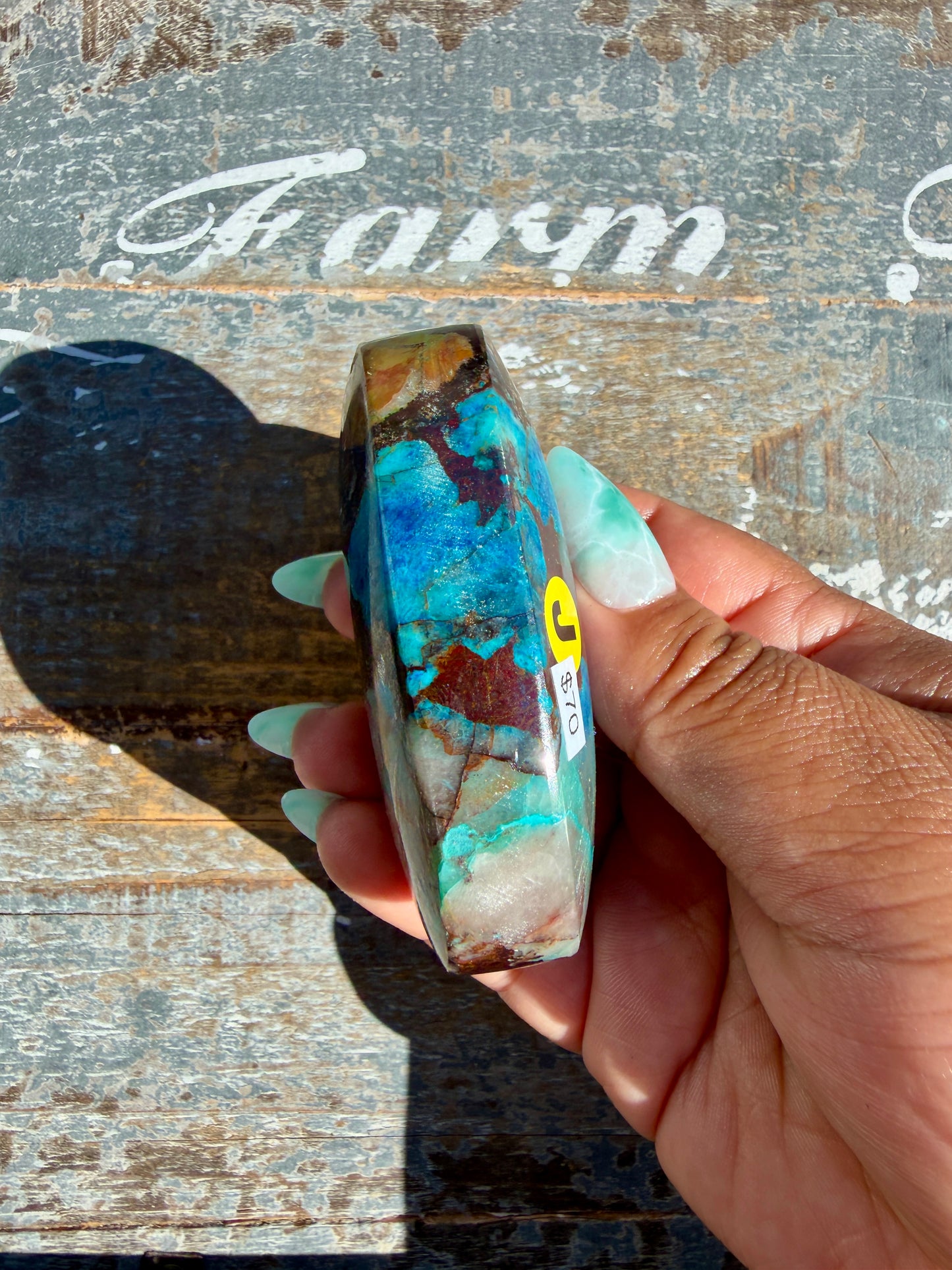 Gorgeous Chrysocolla/Azurite Palm Stone from Peru | Opt J