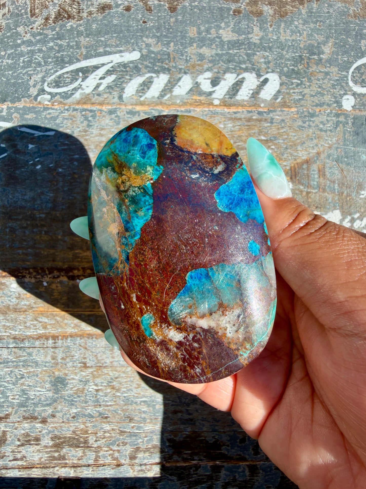 Gorgeous Chrysocolla/Azurite Palm Stone from Peru | Opt J