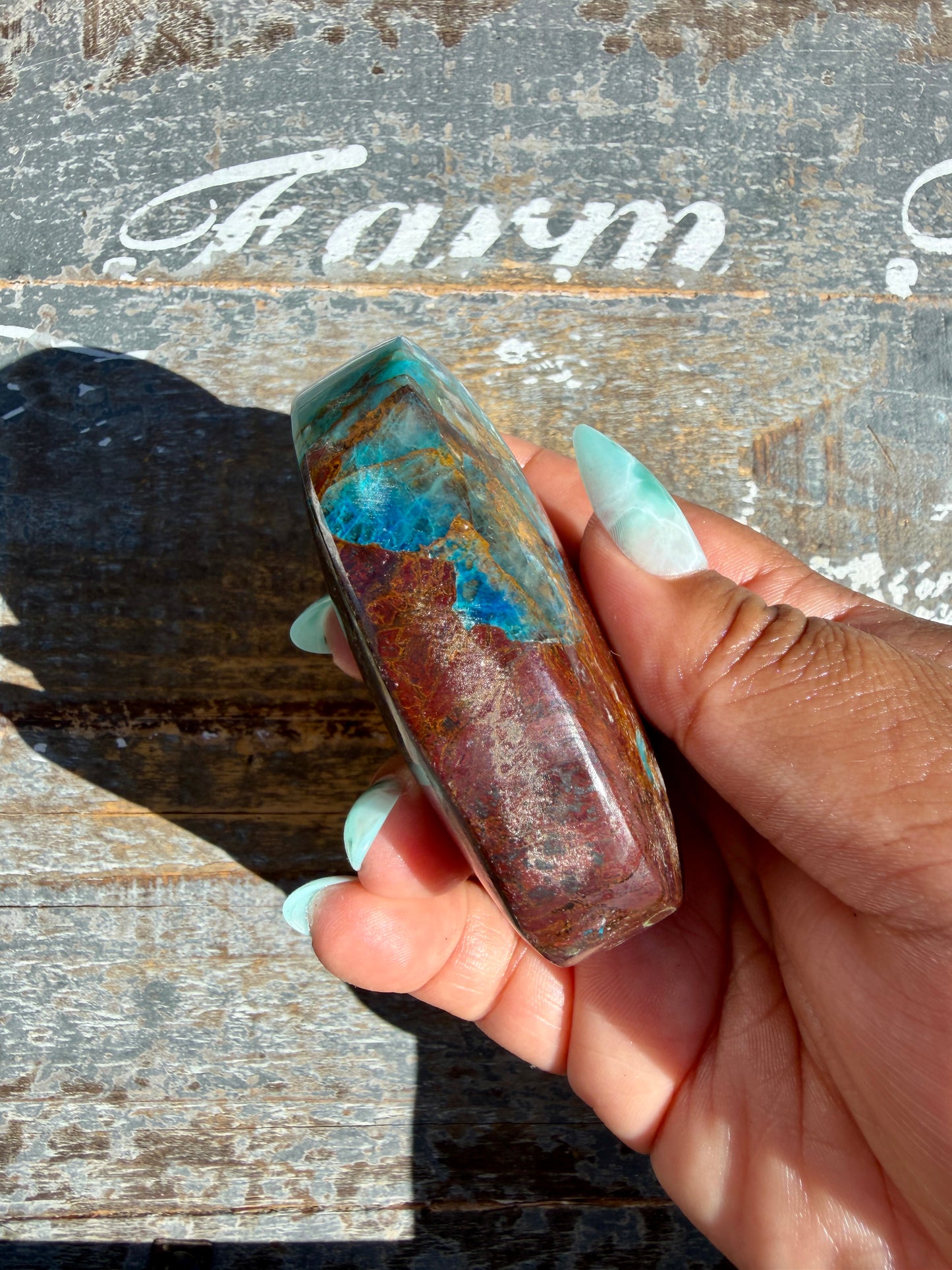 Gorgeous Chrysocolla/Azurite Palm Stone from Peru | Opt J
