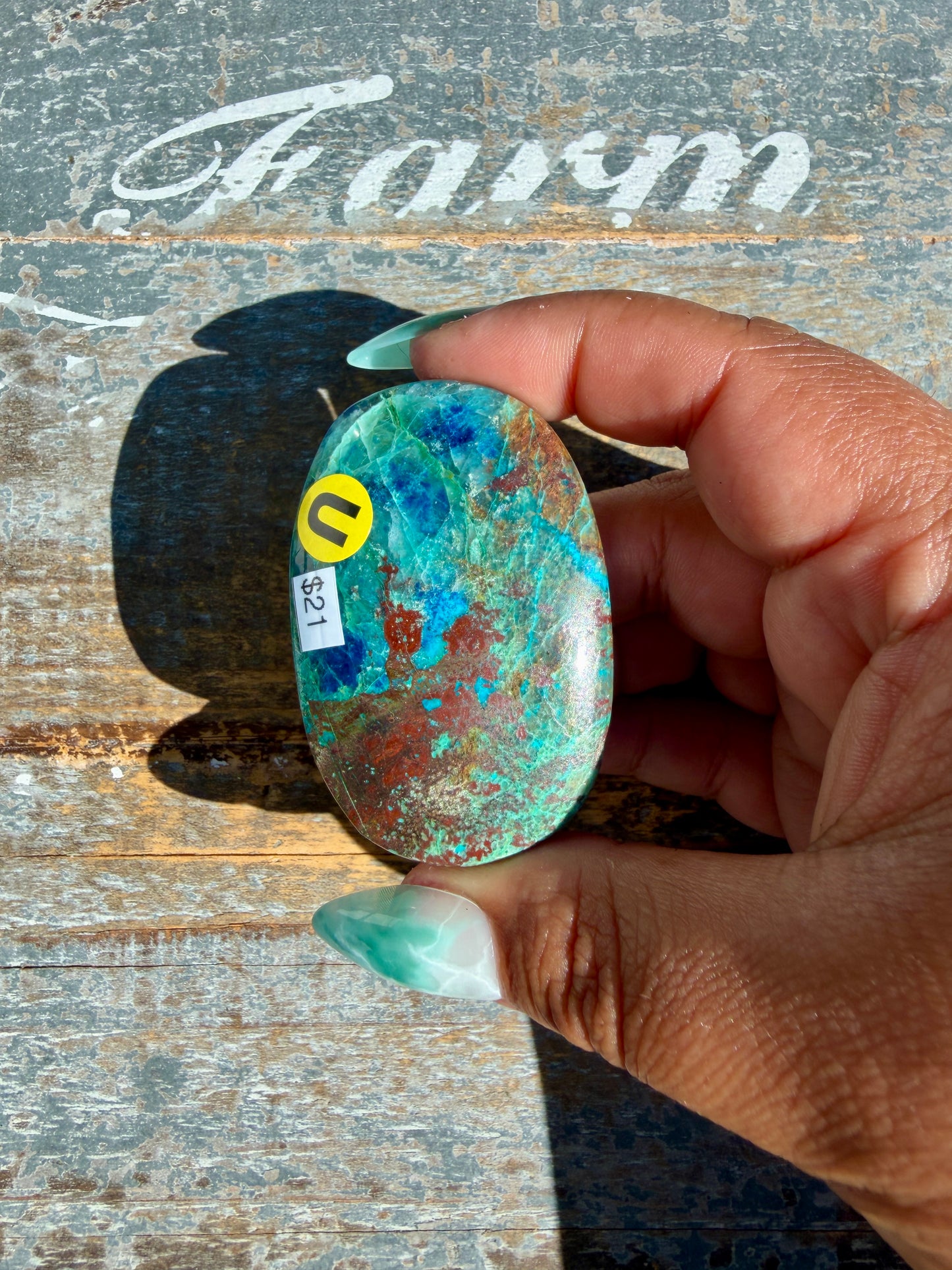 Gorgeous Chrysocolla/Azurite Palm Stone from Peru | Opt U