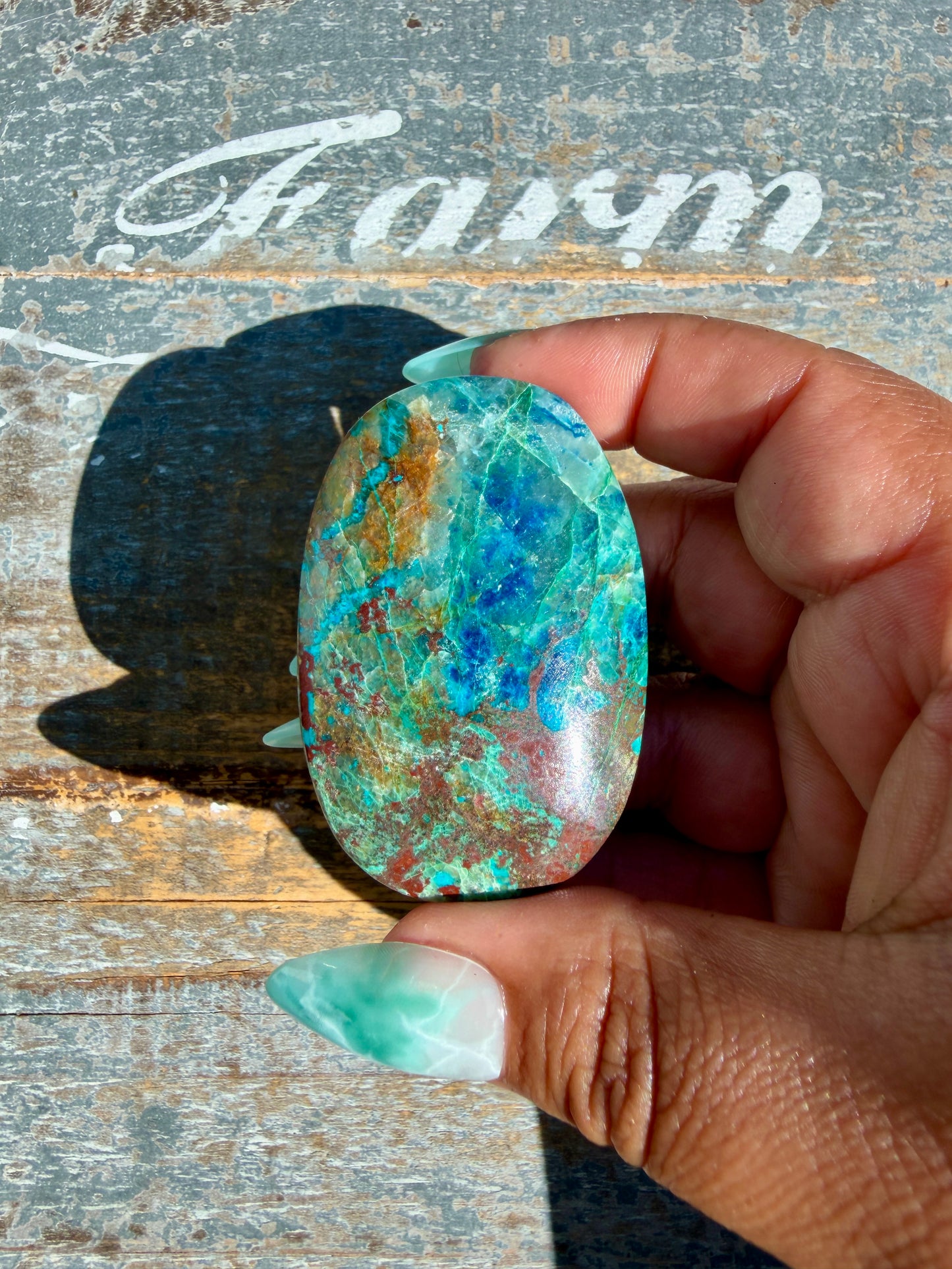 Gorgeous Chrysocolla/Azurite Palm Stone from Peru | Opt U