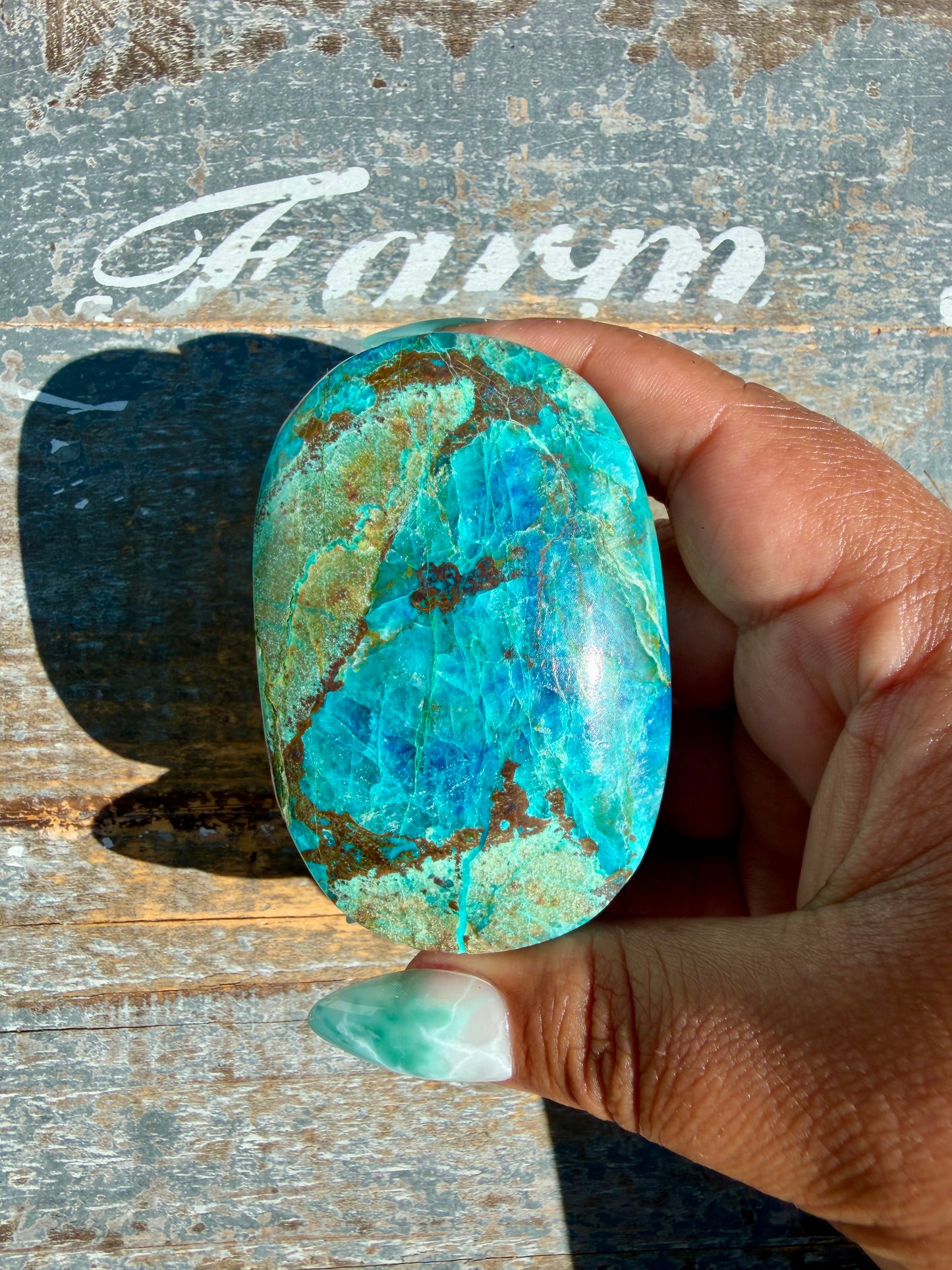 Gorgeous Chrysocolla/Azurite Palm Stone from Peru | Opt T