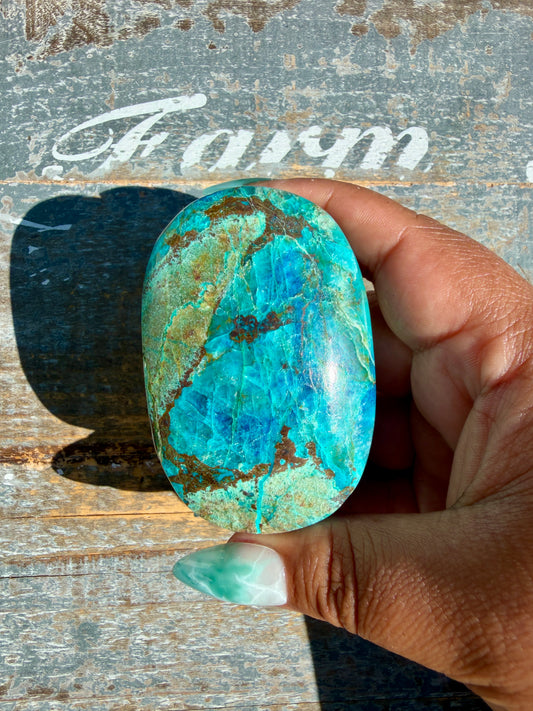 Gorgeous Chrysocolla/Azurite Palm Stone from Peru | Opt T