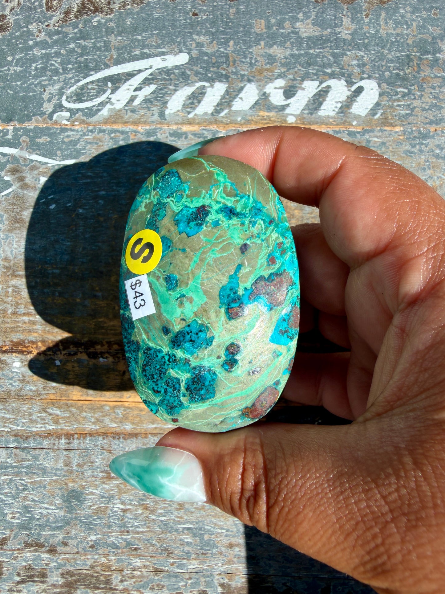 Gorgeous Chrysocolla/Azurite Palm Stone from Peru | Opt S