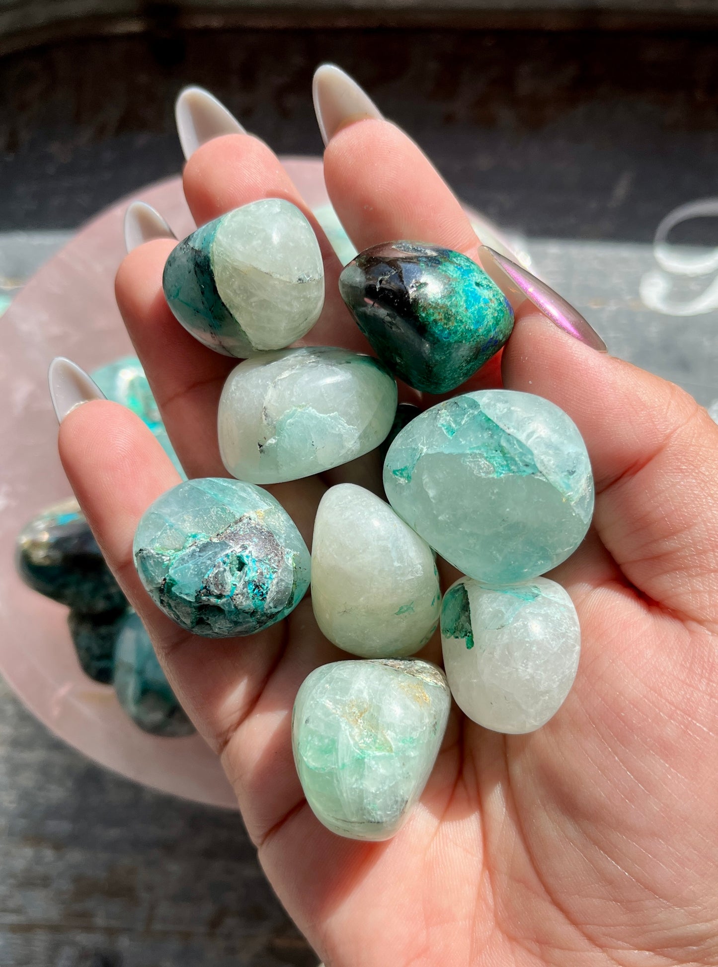 One (1) Gorgeous AAA Quantum Quattro aka Chrysocolla/Malachite/Azurite in Quartz Tumble from Peru