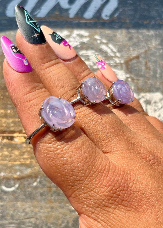 One (1) Gorgeous Lavender Moon Quartz Hand Carved Rose, Adjustable Ring, Intuitively chosen