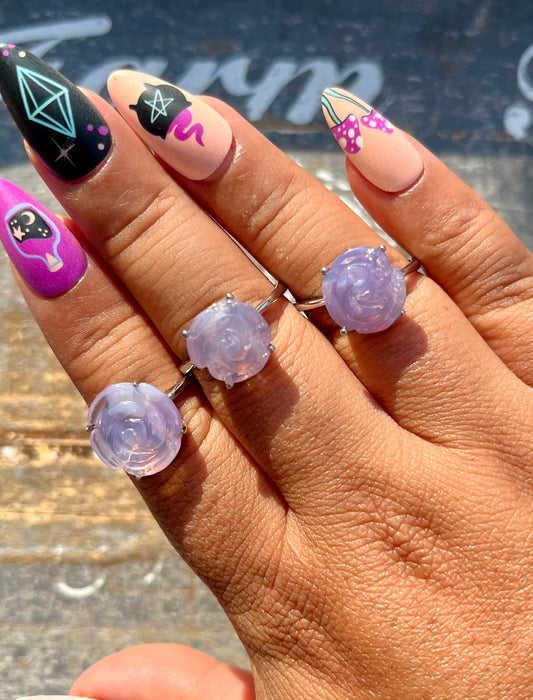 One (1) Gorgeous Lavender Moon Quartz Hand Carved Rose, Adjustable Ring, Intuitively chosen