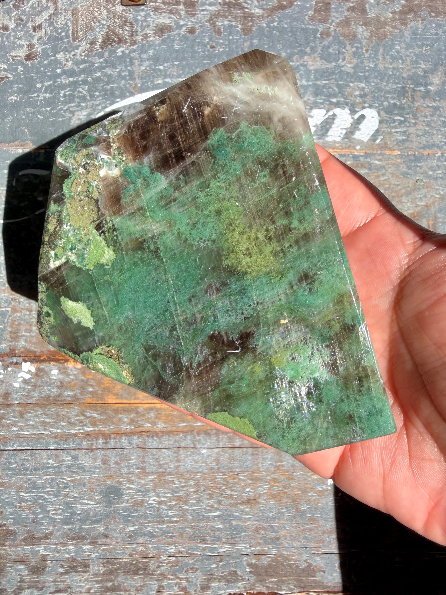 Gorgeous Optical Calcite + Moss Agate Combo Mineral Freeform From India | Opt 1