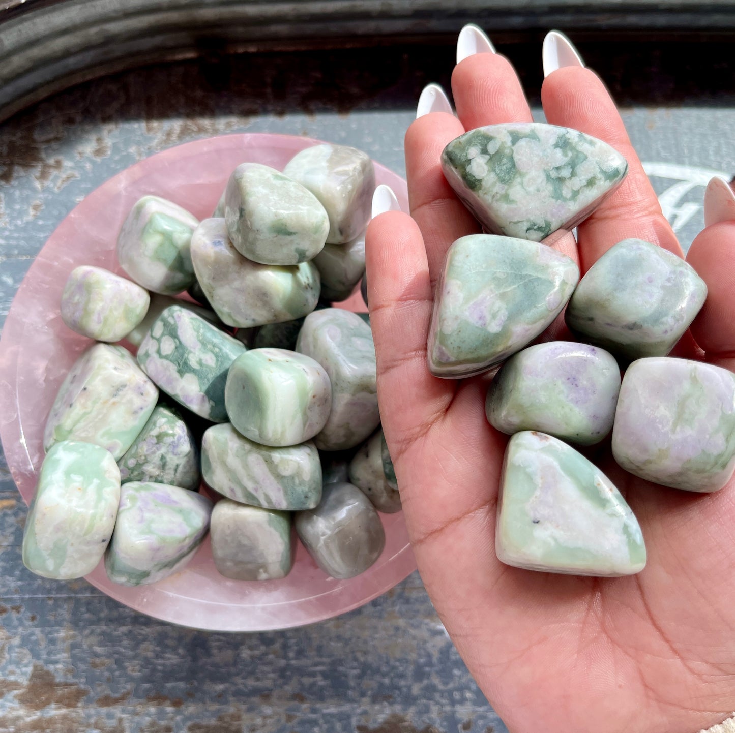 One (1) Gorgeous Green & Lavender Jasper Tumbles from Pakistan