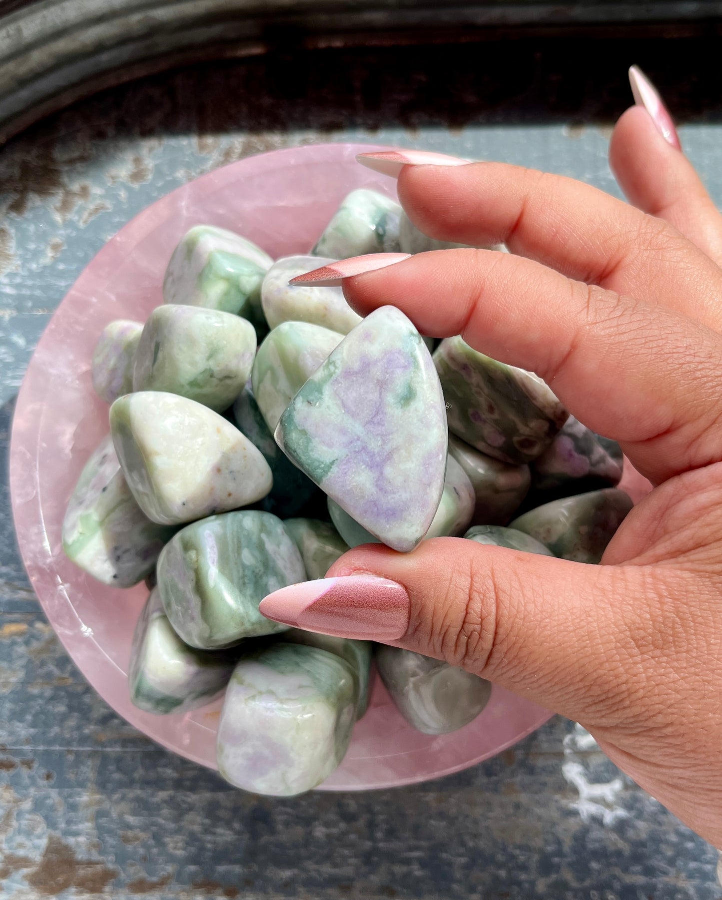 One (1) Gorgeous Green & Lavender Jasper Tumbles from Pakistan