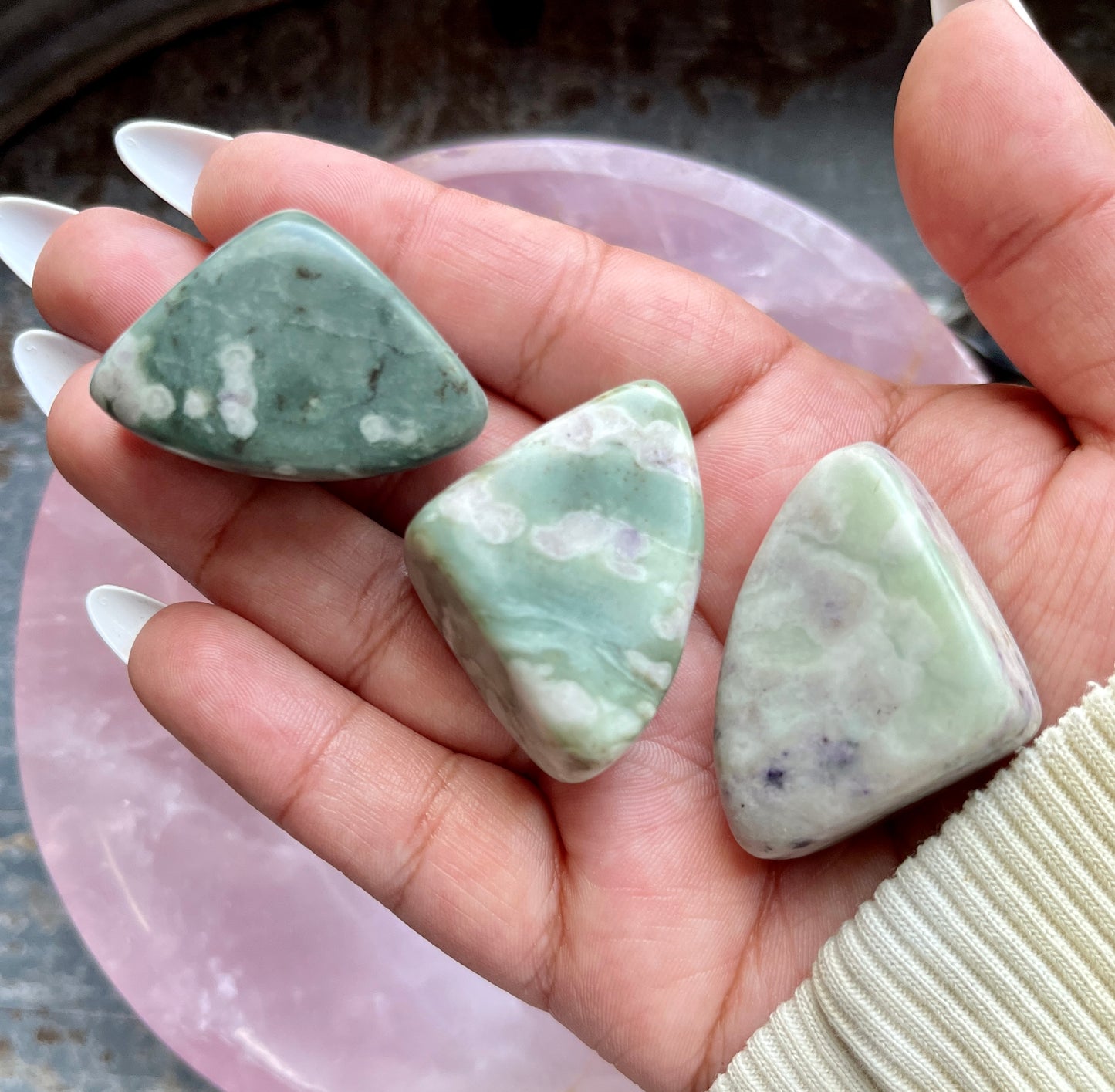 One (1) Gorgeous Green & Lavender Jasper Tumbles from Pakistan