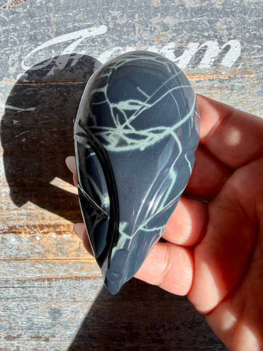 Gorgeous Spiderweb Obsidian Alien Head | Opt O