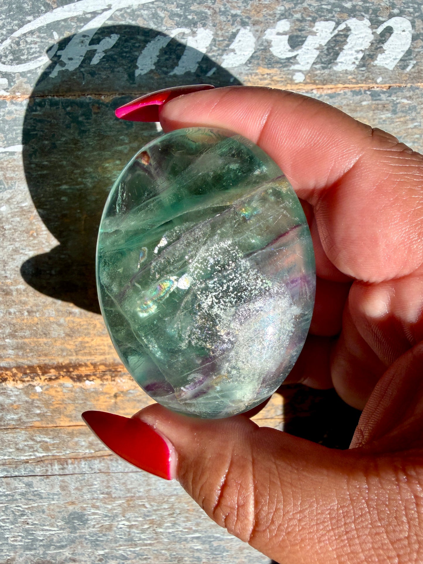 Gorgeous Rainbow Fluorite Palm Stone | Opt U