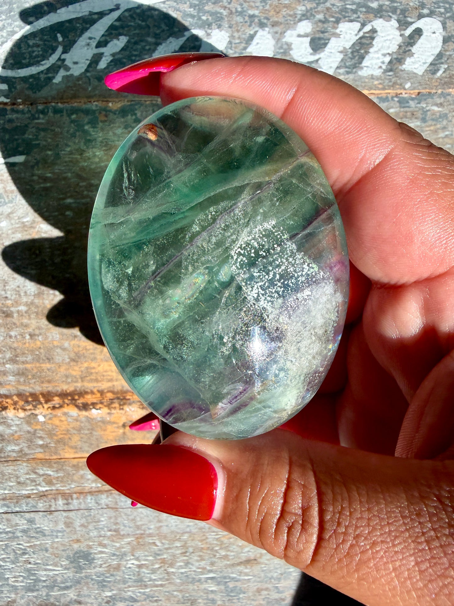 Gorgeous Rainbow Fluorite Palm Stone | Opt U