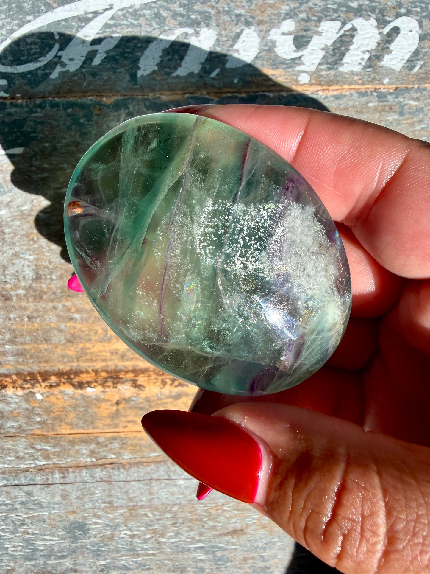 Gorgeous Rainbow Fluorite Palm Stone | Opt U