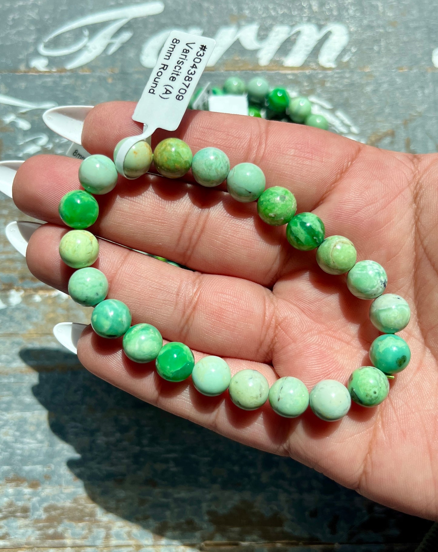 One (1) Gorgeous Variscite 8mm Round Bead Bracelet