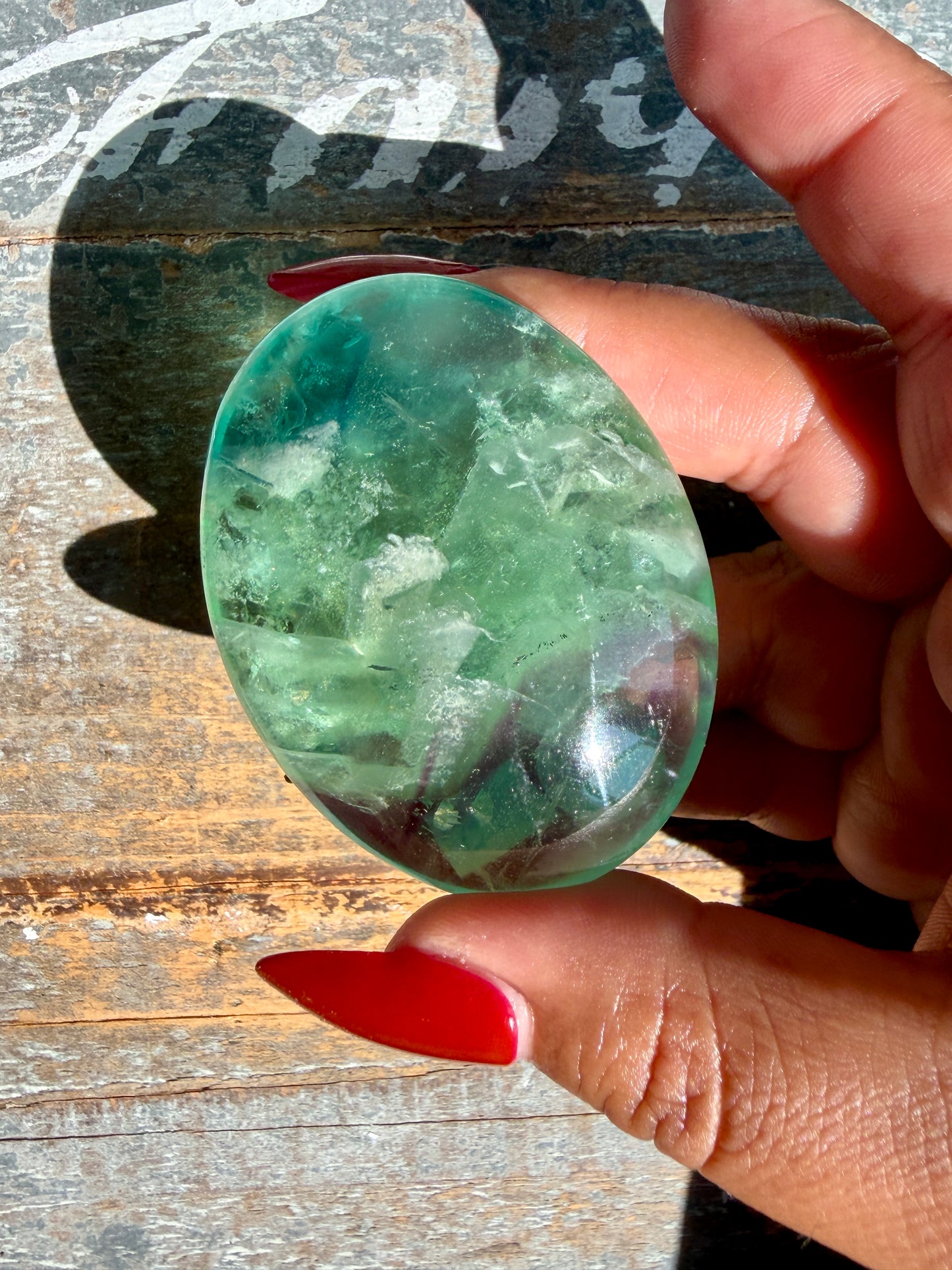 Gorgeous Rainbow Fluorite Palm Stone | Opt W