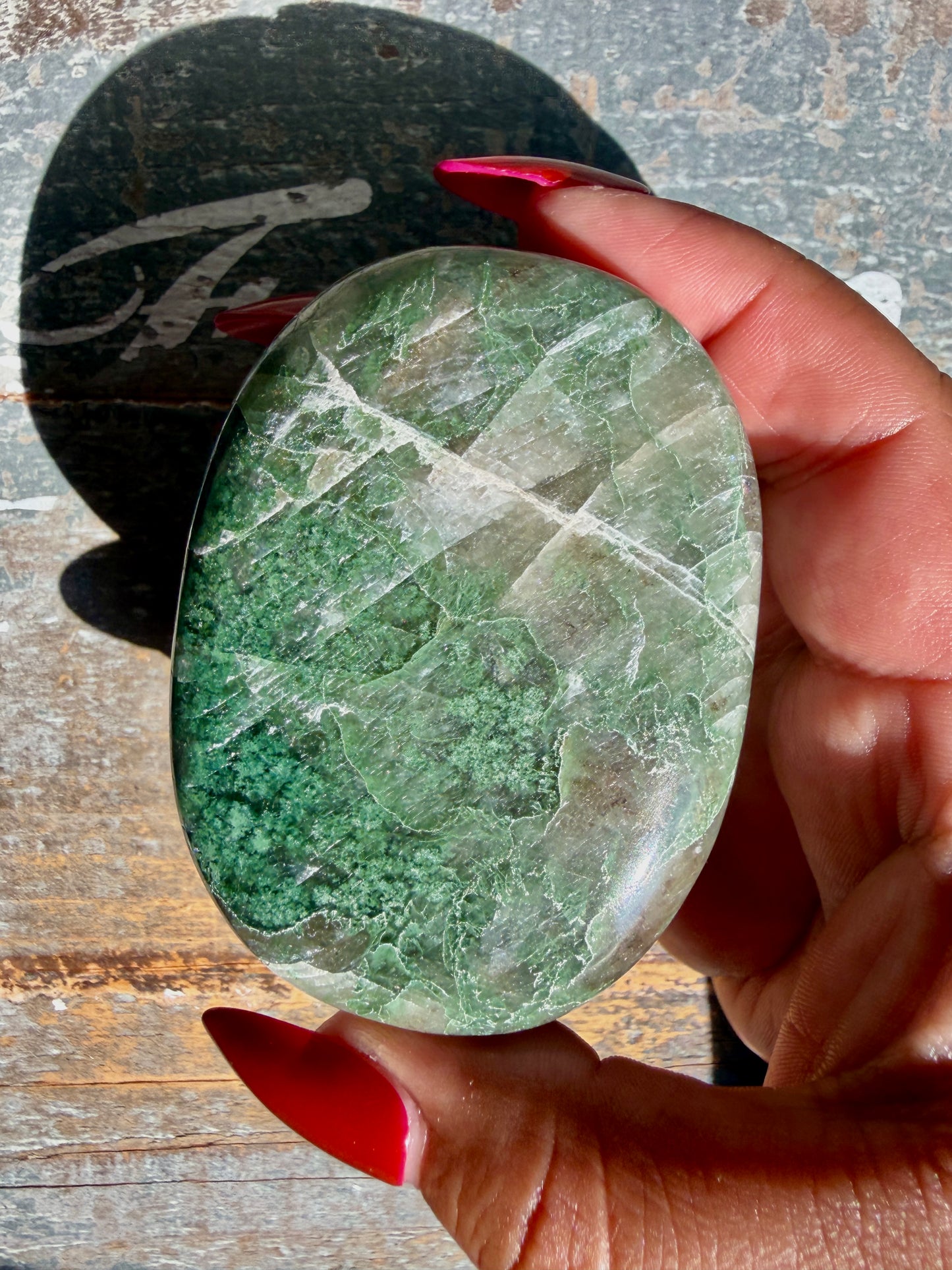 Gorgeous Optical Calcite + Moss Agate Combo Mineral Palm Stone | India | Opt 37