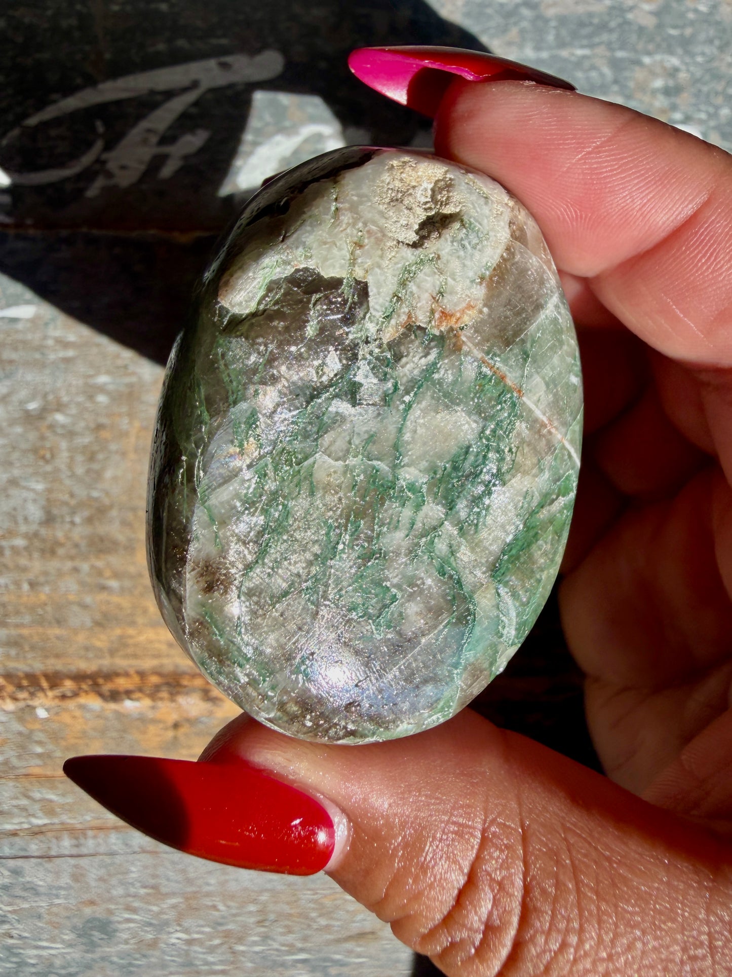 Gorgeous Optical Calcite + Moss Agate Combo Mineral Palm Stone | India | Opt 59