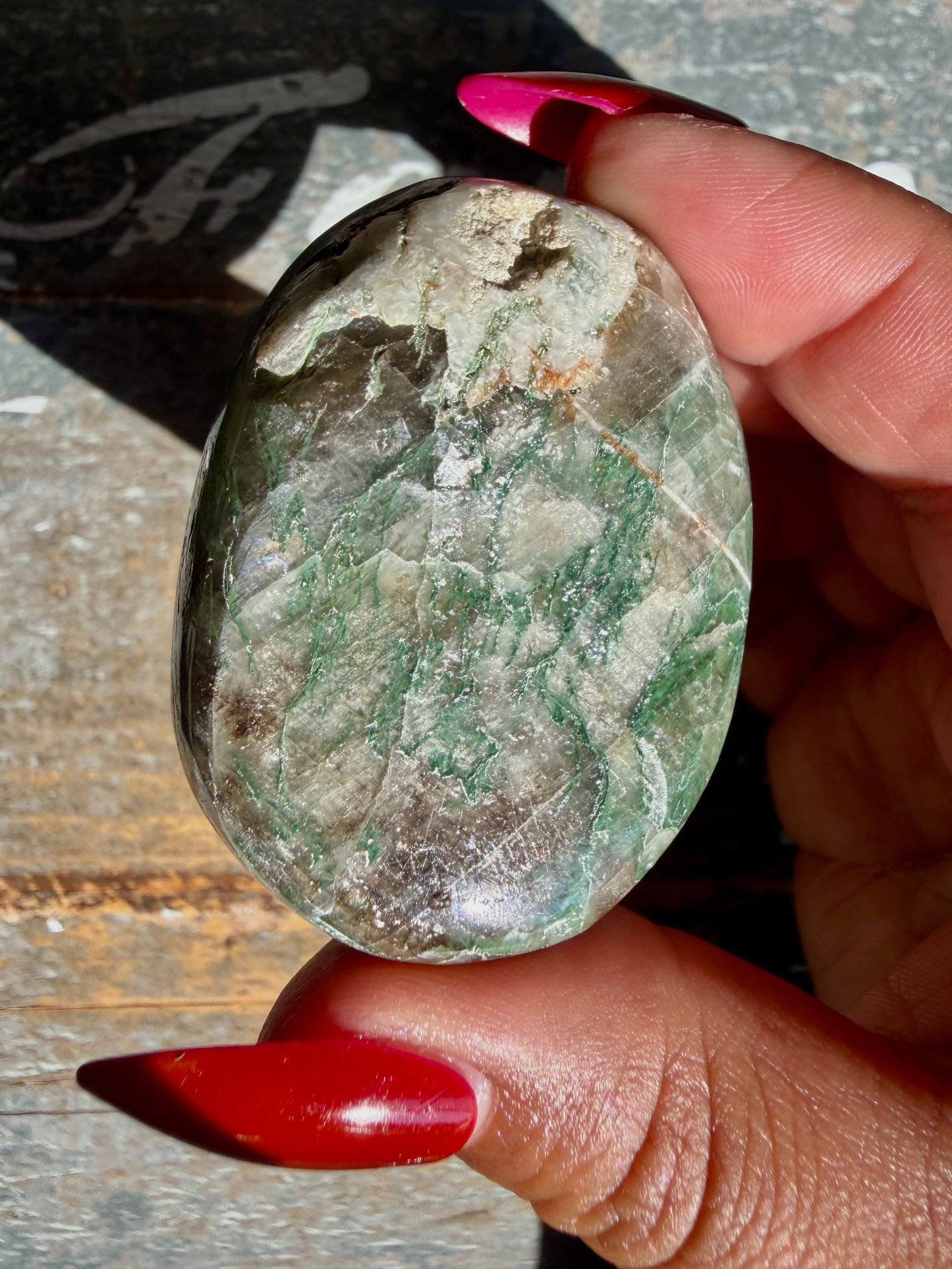 Gorgeous Optical Calcite + Moss Agate Combo Mineral Palm Stone | India | Opt 59