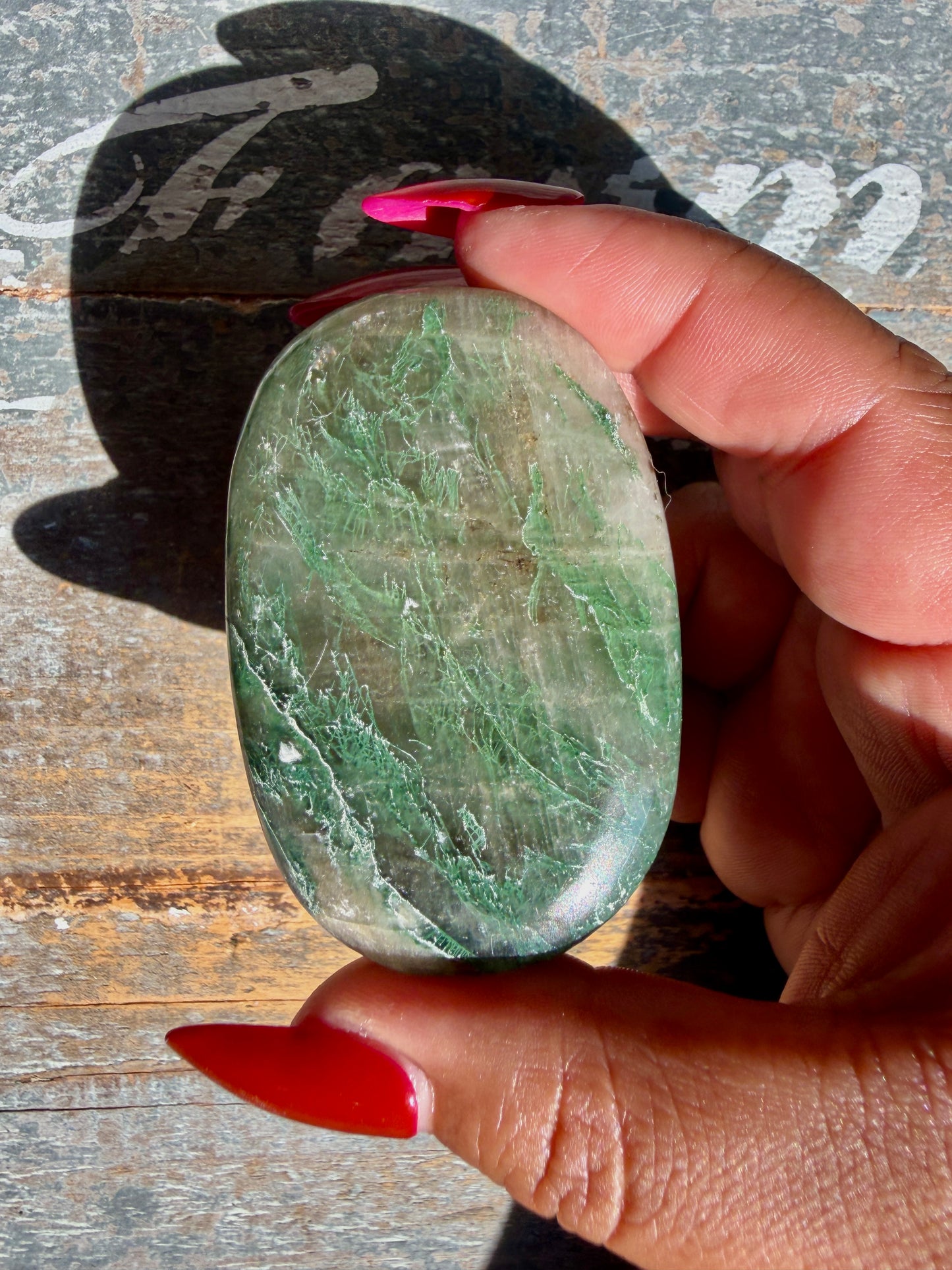 Gorgeous Optical Calcite + Moss Agate Combo Mineral Palm Stone | India | Opt 45