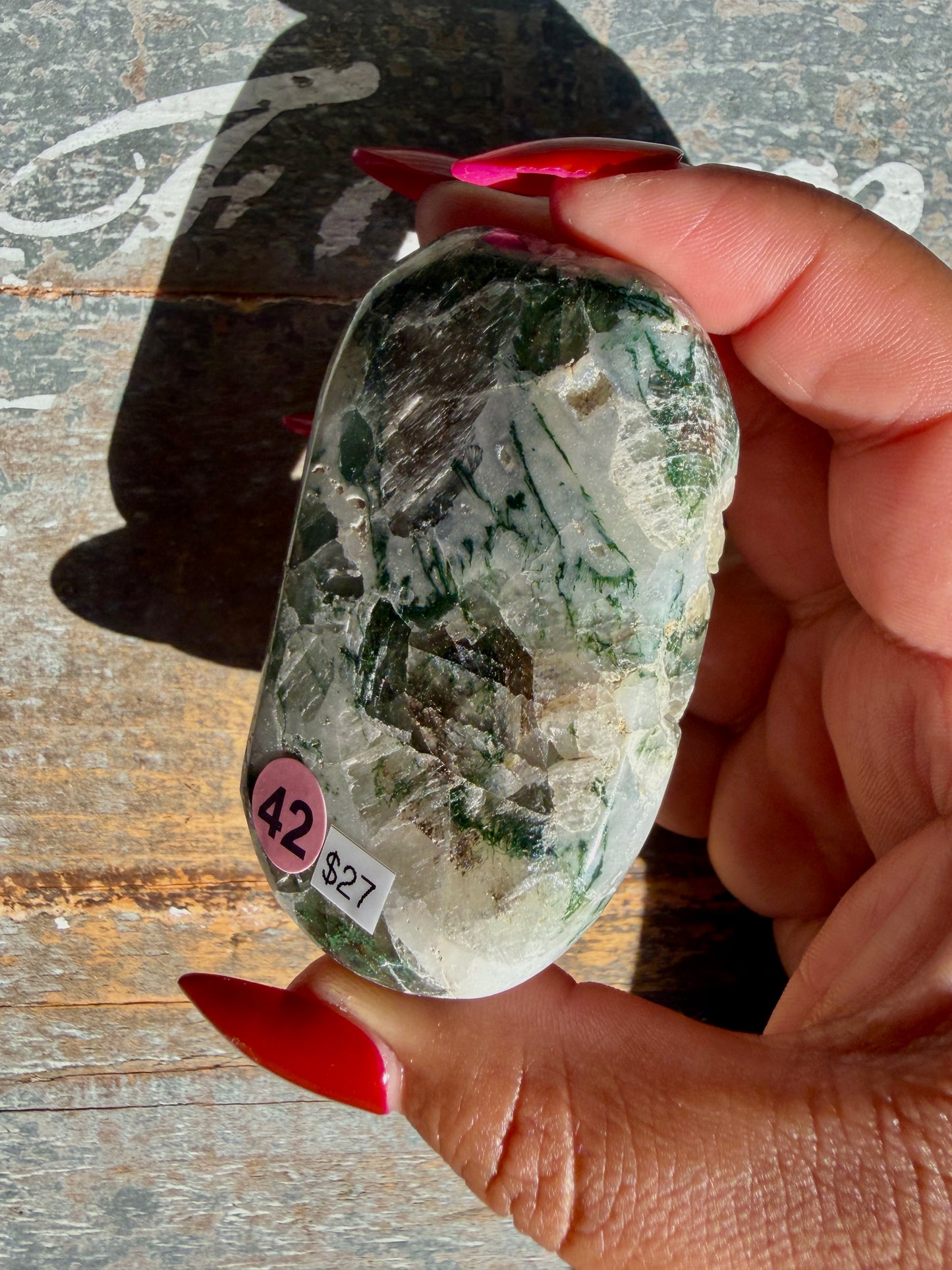 Gorgeous Optical Calcite + Moss Agate Combo Mineral Palm Stone | India | Opt 42