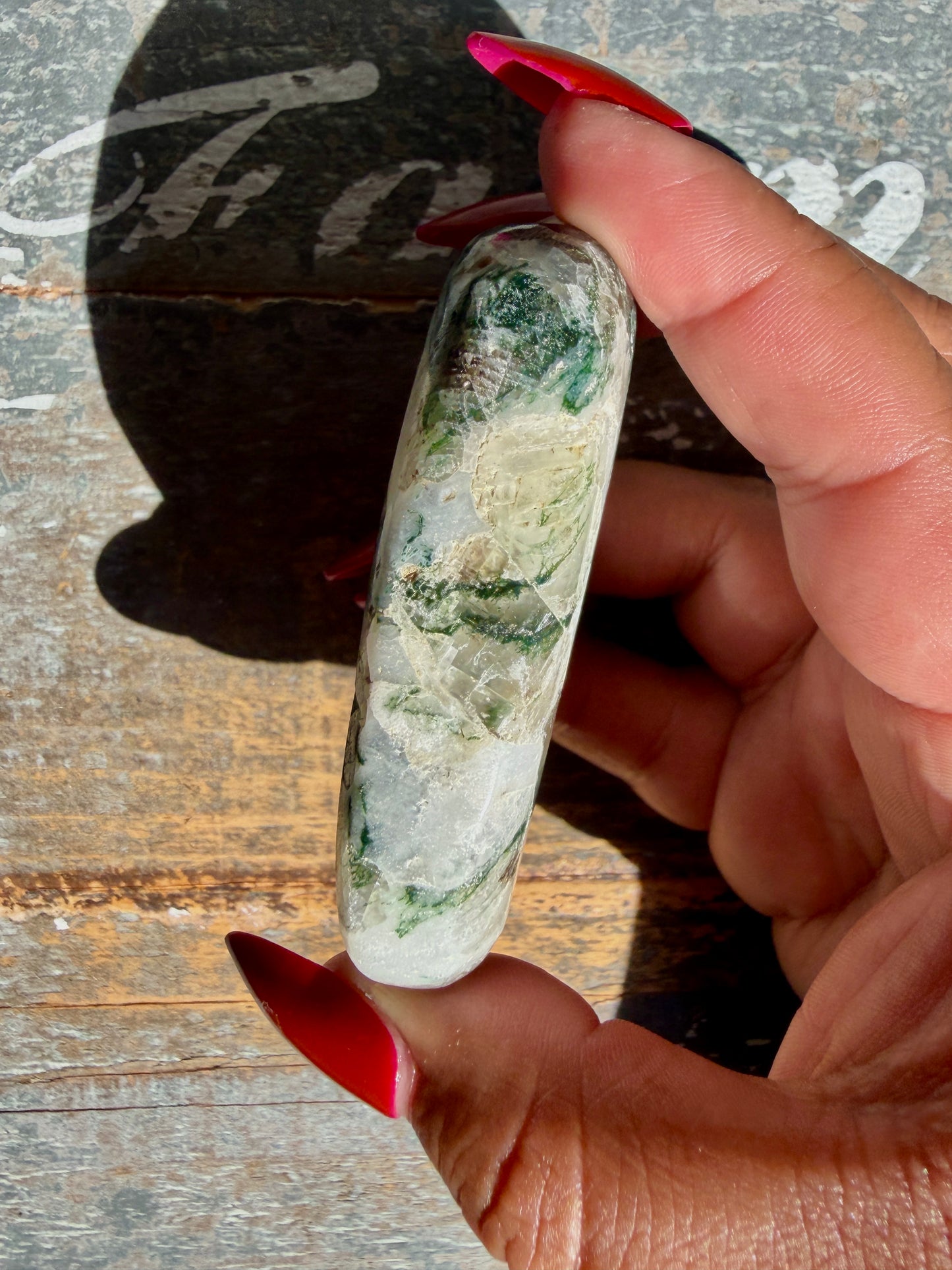 Gorgeous Optical Calcite + Moss Agate Combo Mineral Palm Stone | India | Opt 42