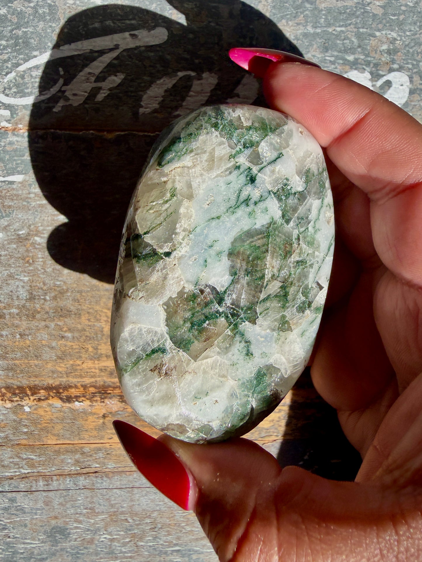 Gorgeous Optical Calcite + Moss Agate Combo Mineral Palm Stone | India | Opt 42