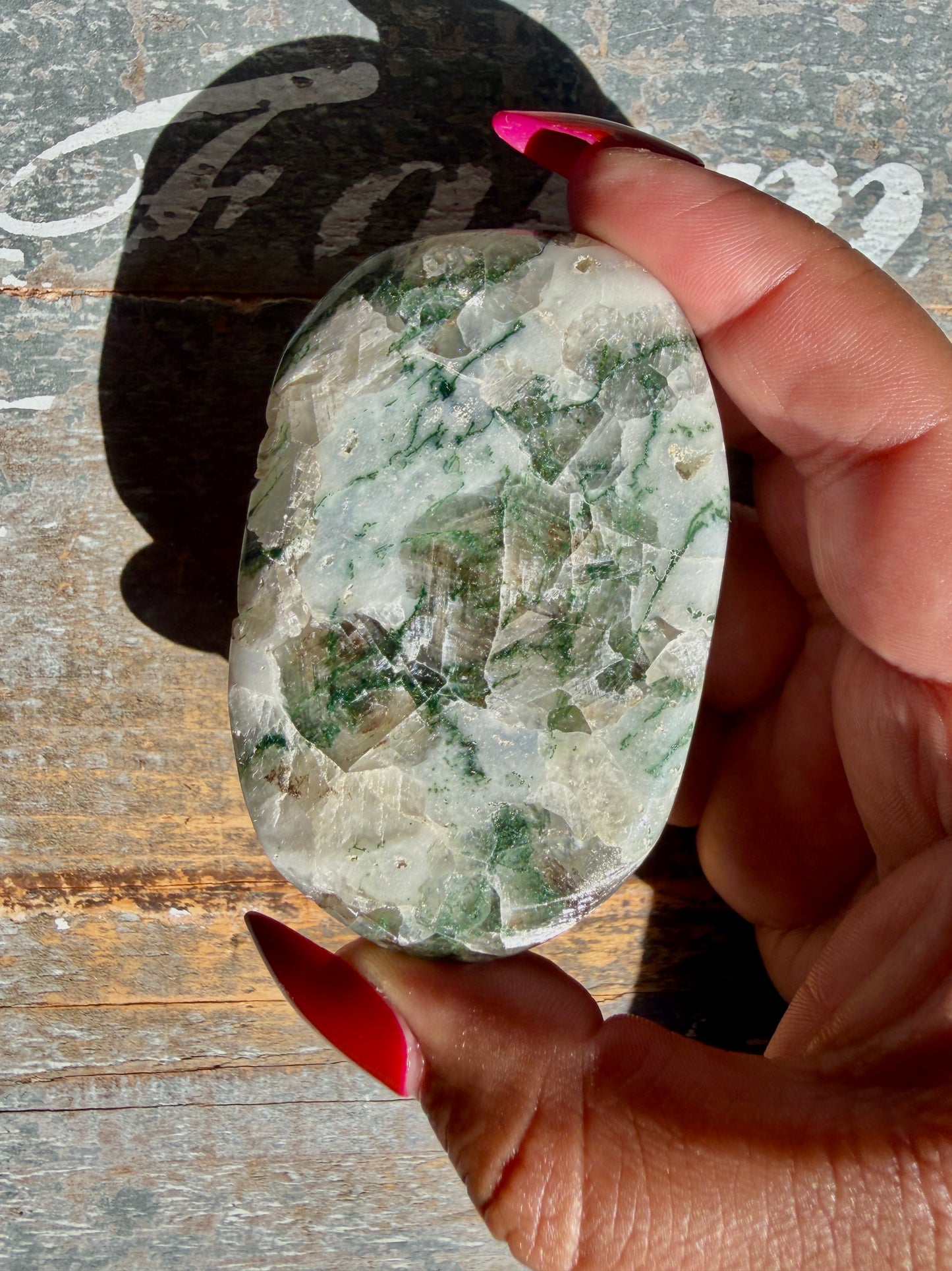 Gorgeous Optical Calcite + Moss Agate Combo Mineral Palm Stone | India | Opt 42