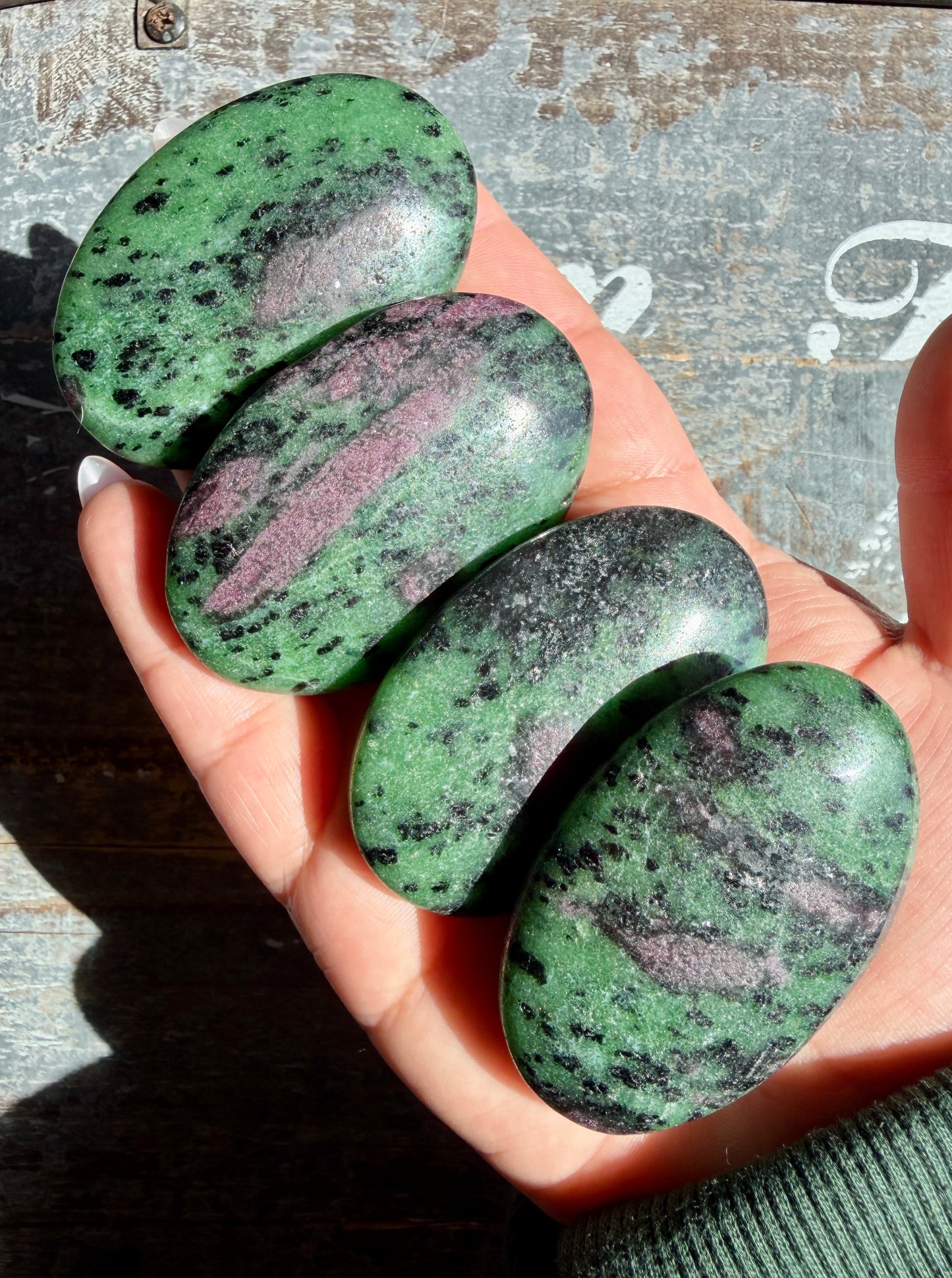 One (1) Ruby in Zoisite Palm Stone | UV reactive | Intuitively Chosen
