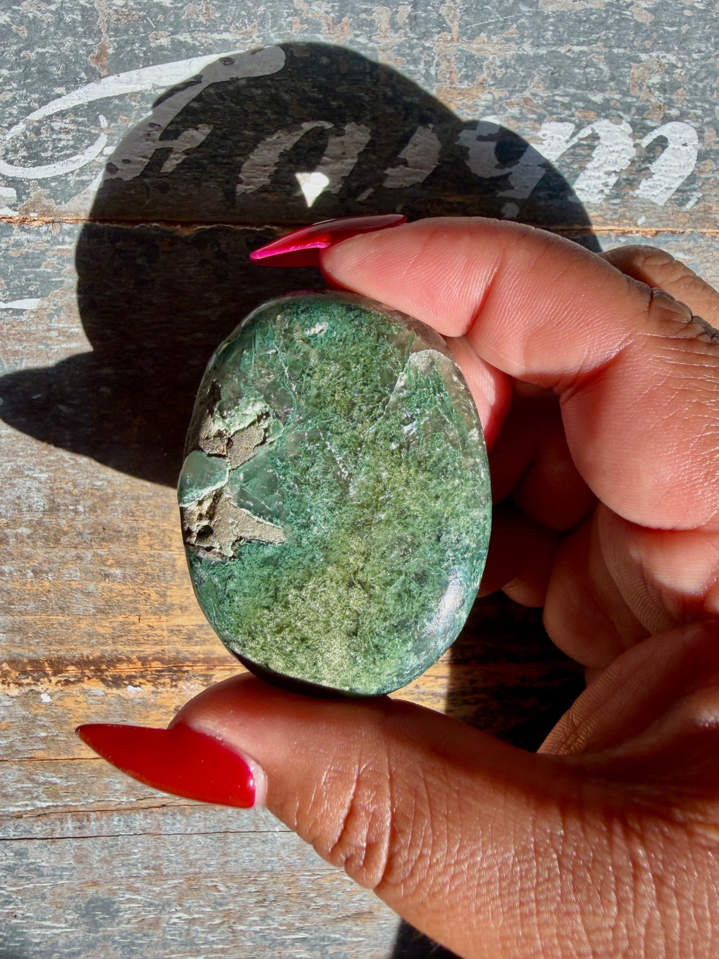 Gorgeous Optical Calcite + Moss Agate Combo Mineral Palm Stone | India | Opt 53