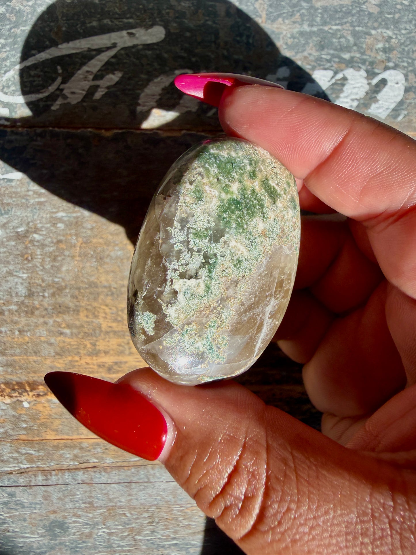 Gorgeous Optical Calcite + Moss Agate Combo Mineral Palm Stone | India | Opt 60