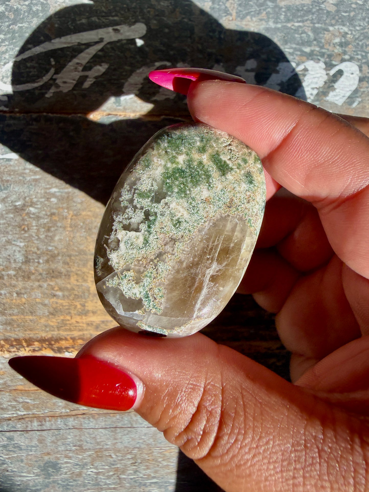 Gorgeous Optical Calcite + Moss Agate Combo Mineral Palm Stone | India | Opt 60