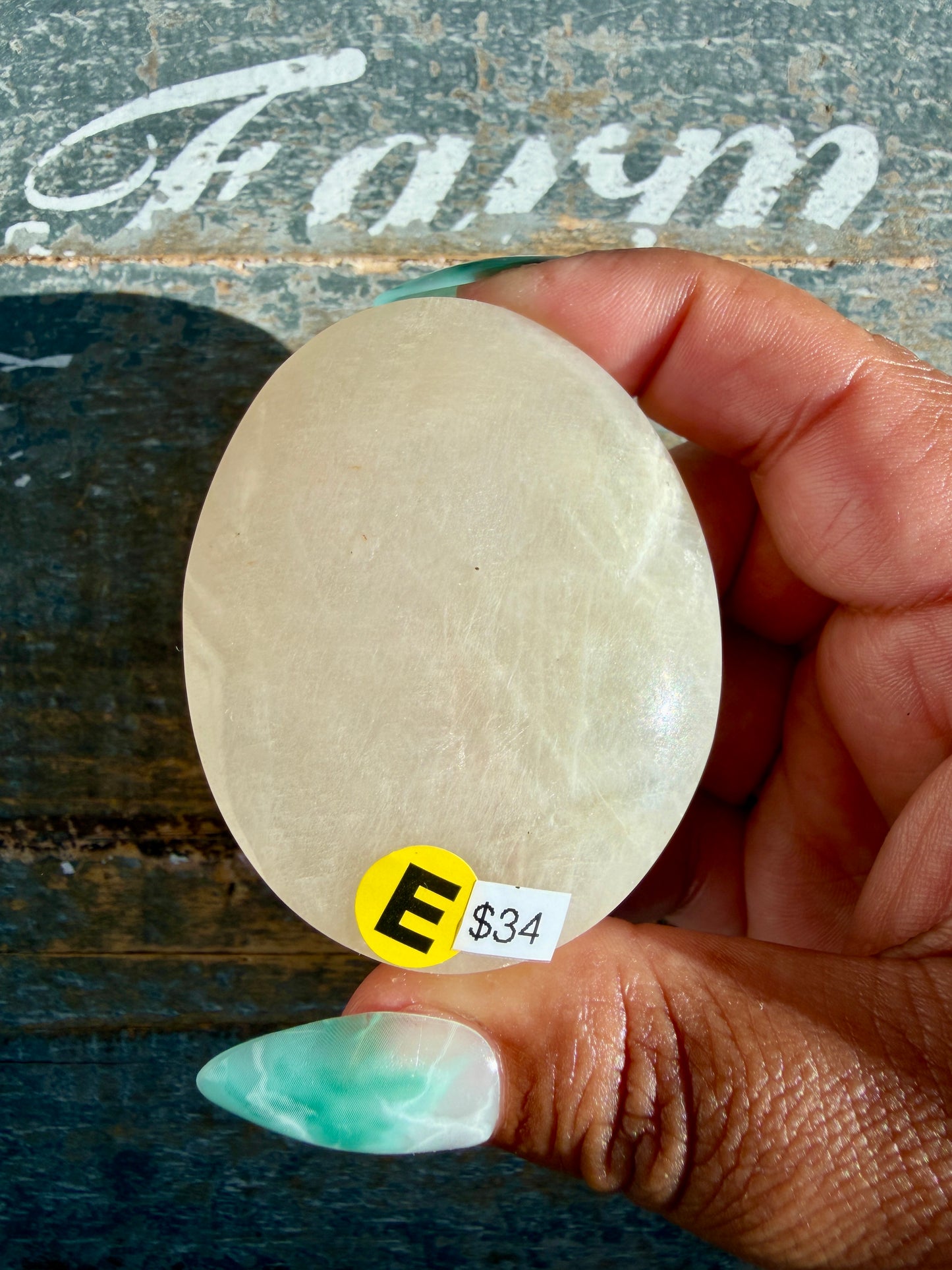 Gorgeous Blue Flash White Moonstone Palm Stone | India | Opt E