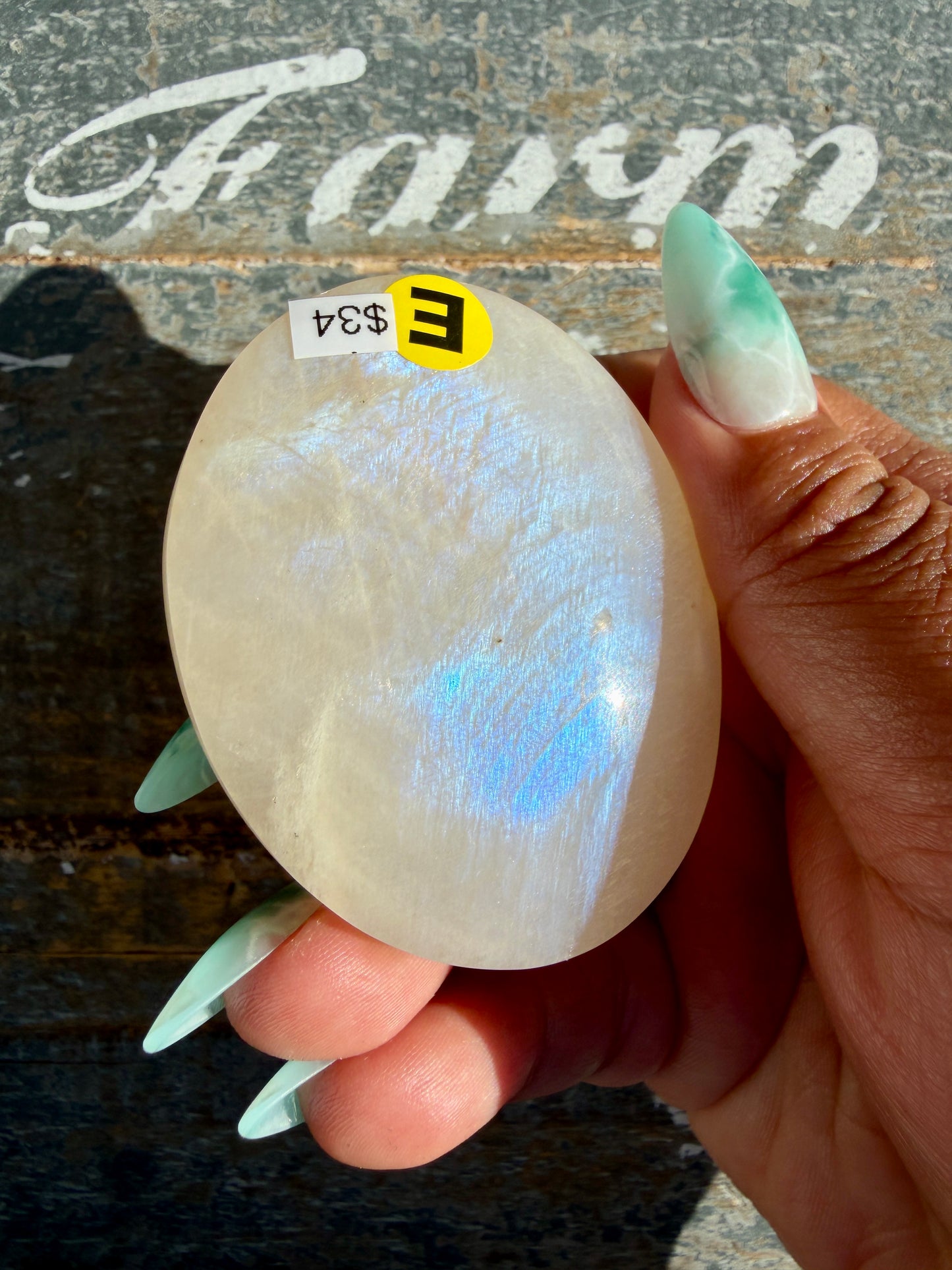 Gorgeous Blue Flash White Moonstone Palm Stone | India | Opt E