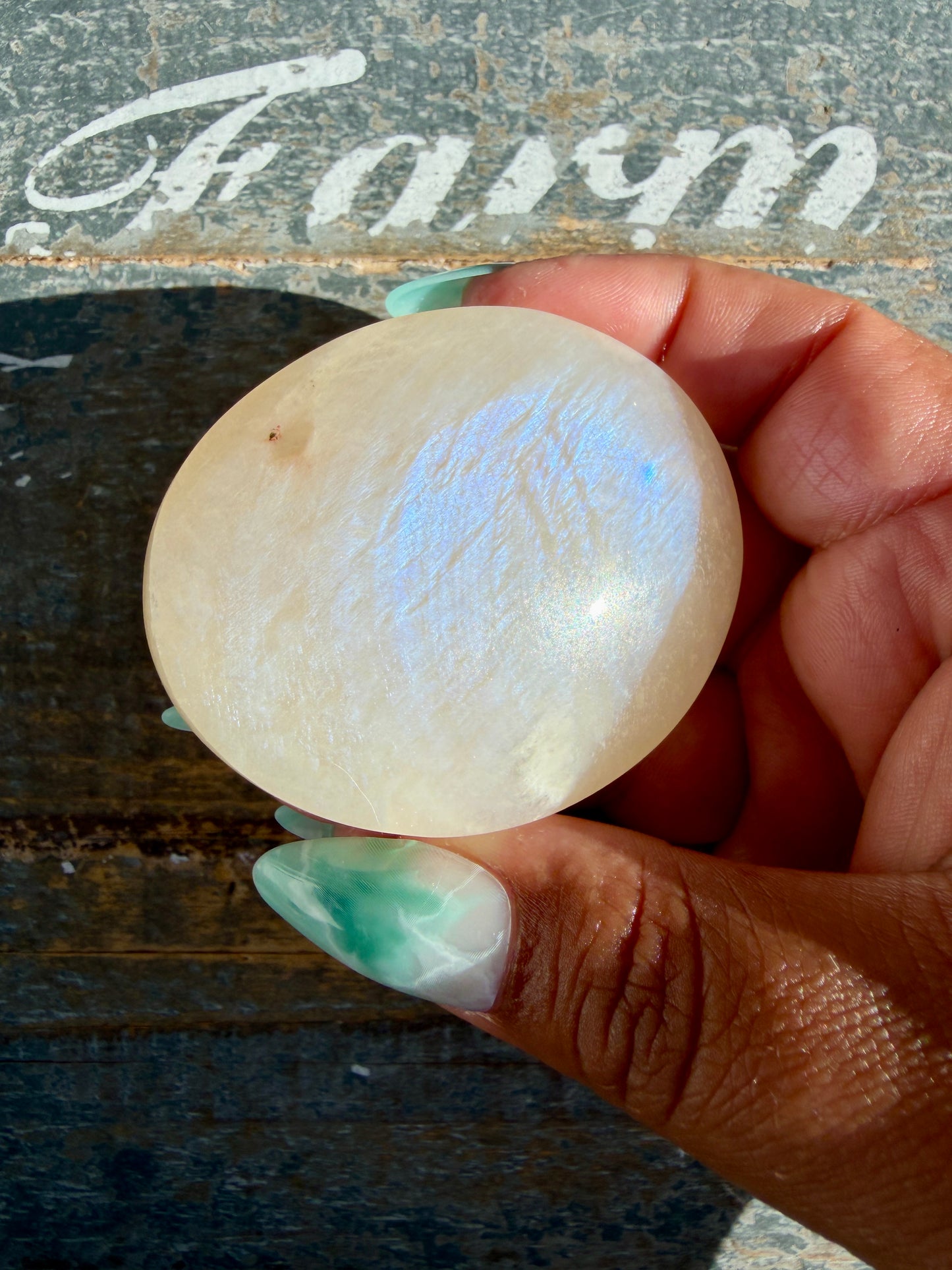 Gorgeous Blue Flash White Moonstone Palm Stone | India | Opt E